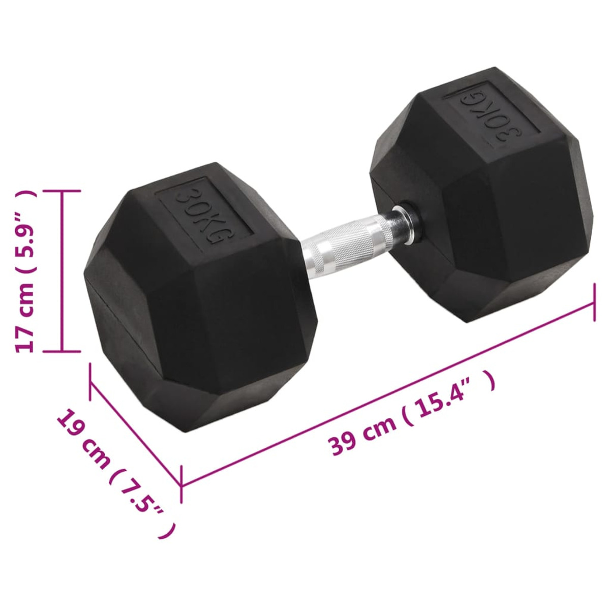 Eine schwarze Hantel mit sechseckigen Enden, 30KG beschriftet, und Abmessungen.