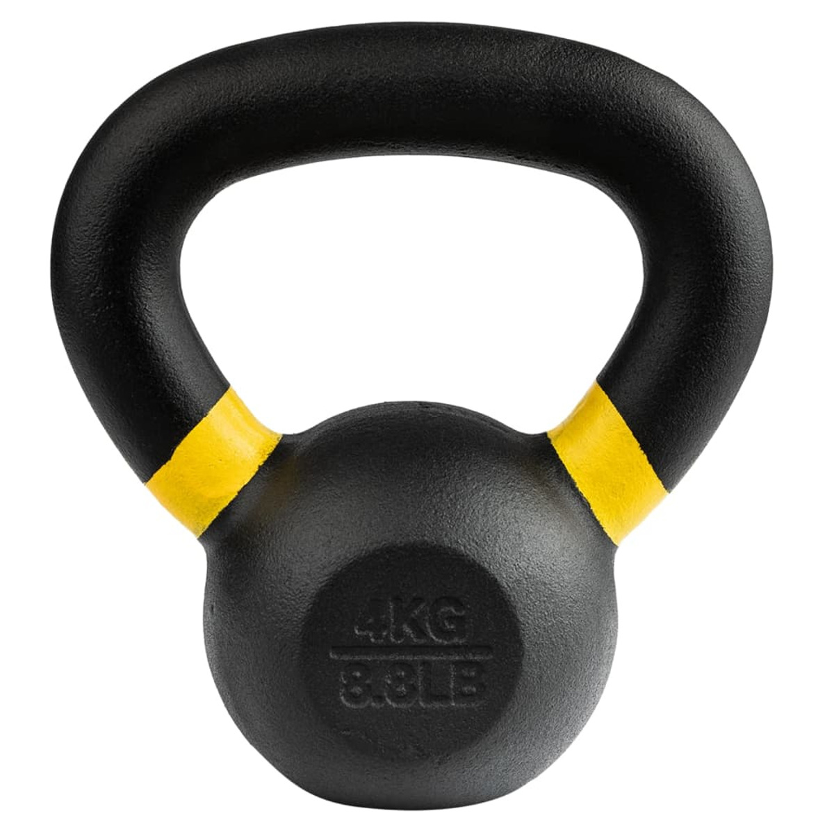 Schwarze Kettlebell mit gelben Akzenten, markiert 4KG/8.8LB, auf weißem Hintergrund.