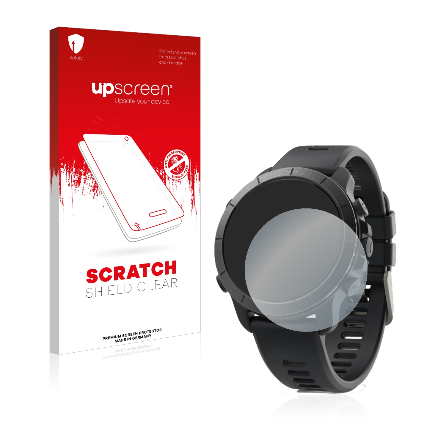 Schwarze Smartwatch mit Displayschutzfolie und Verpackung. Text: Scratch Shield Clear.