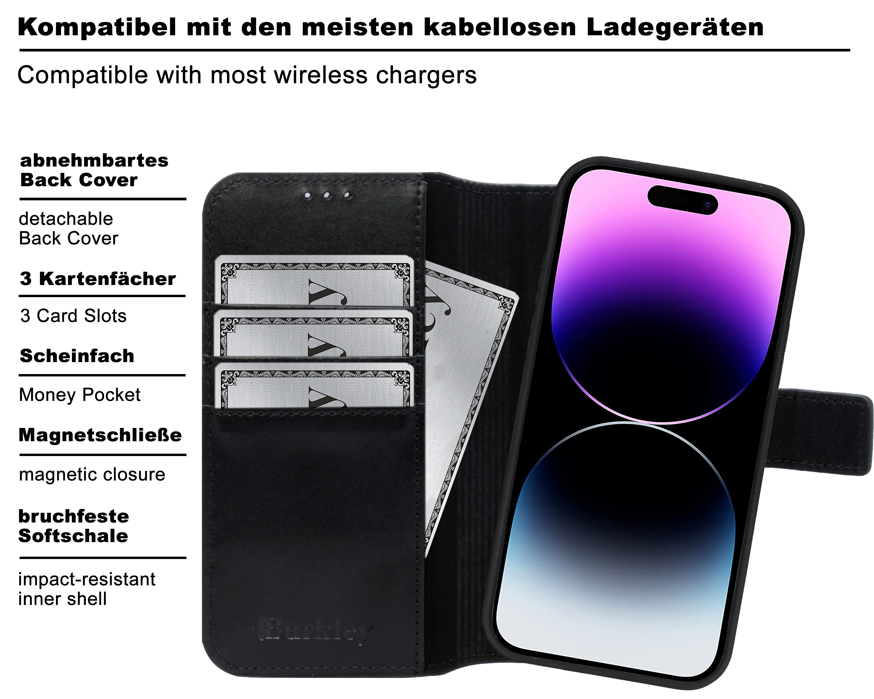 mit Premium Leder Cover, Cover, BURKLEY Full Schwarz Handytasche Mini, Apple, 13 modularem iPhone 2-in-1