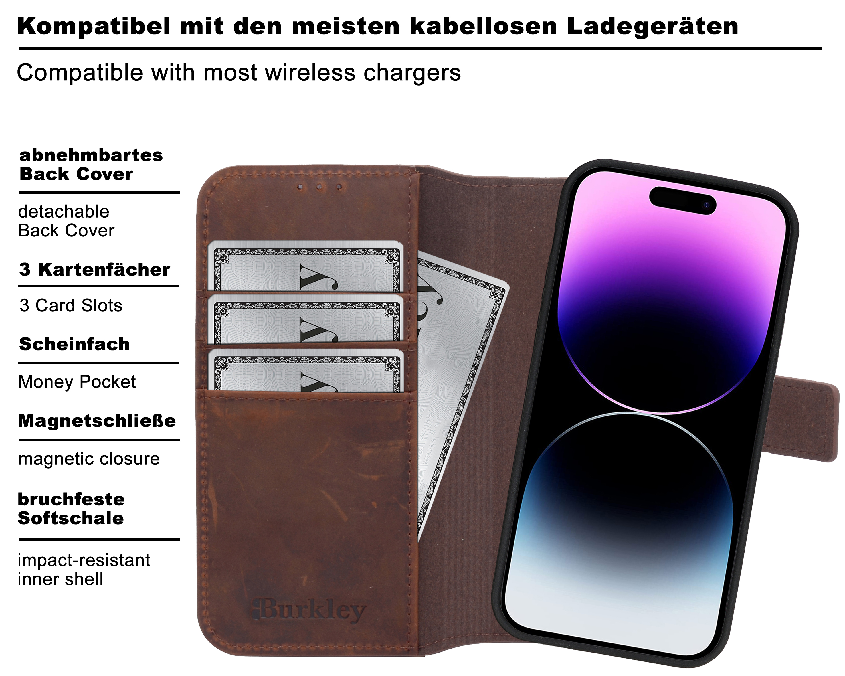 BURKLEY Premium 2-in-1 Leder Full mit iPhone Cover, Cover, Apple, Handytasche Pro, modularem Sattelbraun 11