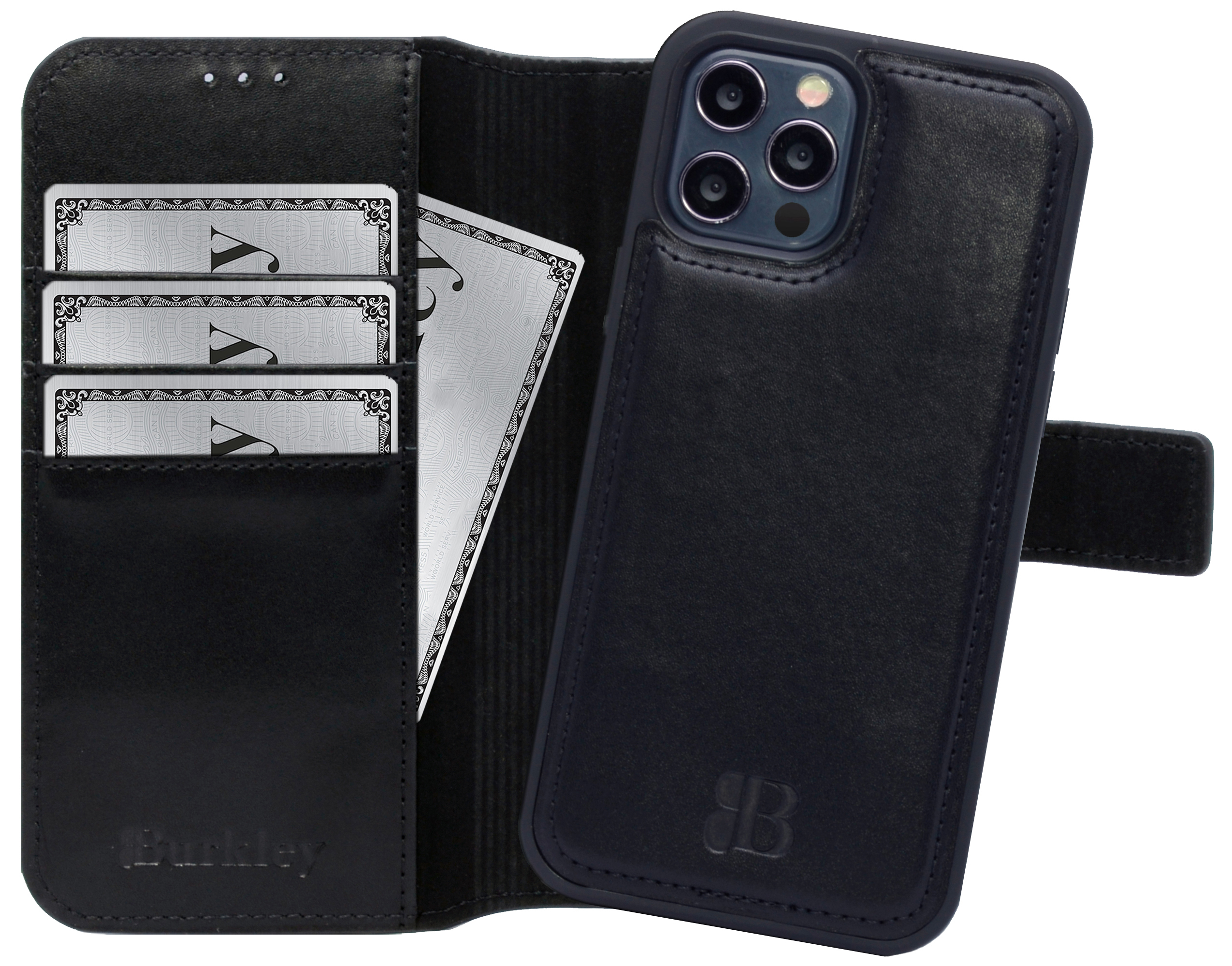 BURKLEY Premium 2-in-1 iPhone mit / 12 Leder Schwarz Full Cover, Cover, iPhone Pro, modularem Handytasche Apple, 12