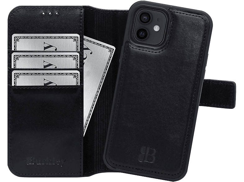 BURKLEY Premium 2-in-1 Leder Handytasche mit modularem Cover, Full Cover, Apple, iPhone 12 Mini, Schwarz