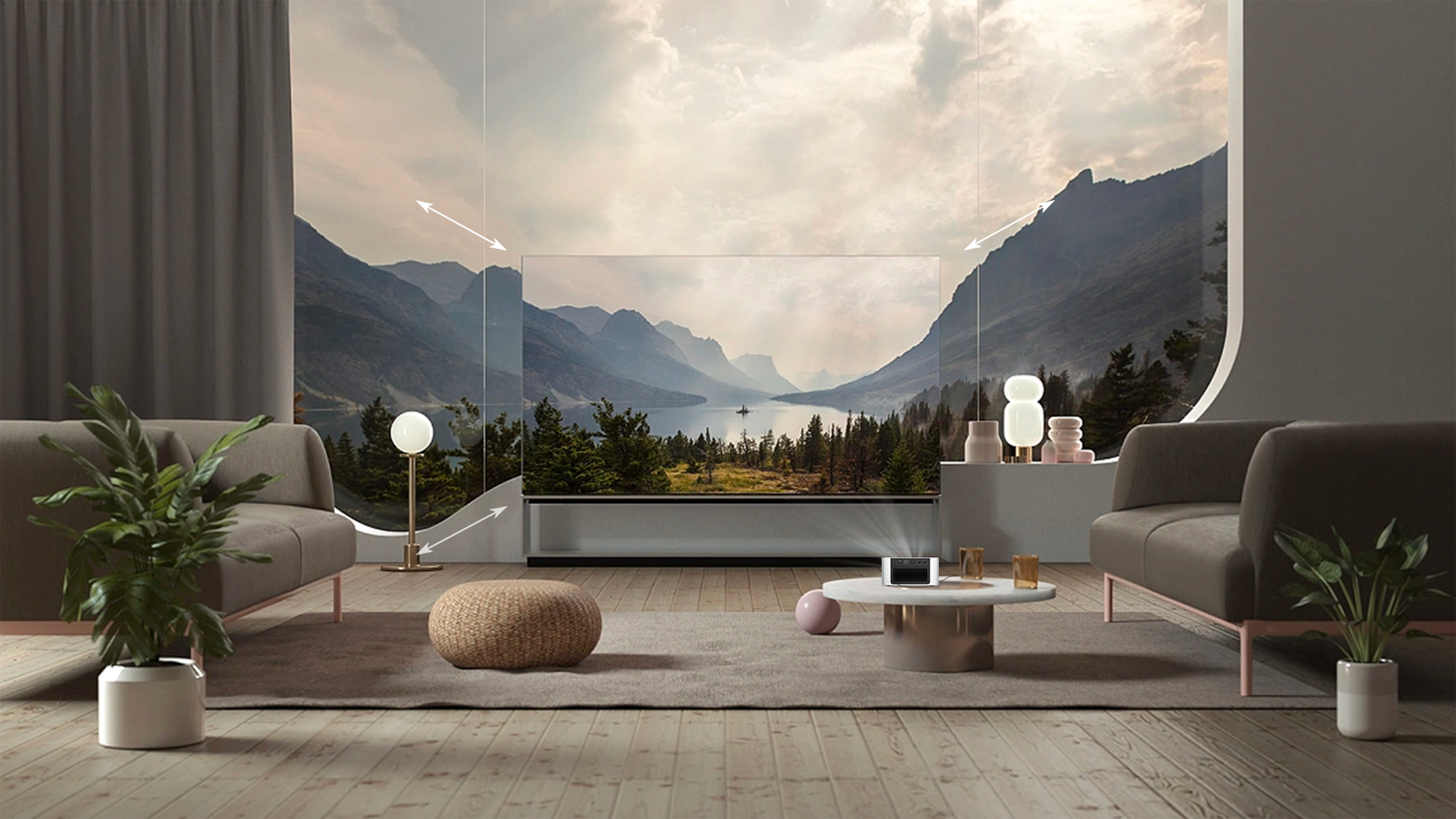 Nowoczesny salon z widokiem. Góry, jezioro przez duże okno. Sofy, rośliny, stół, lampy art deco.