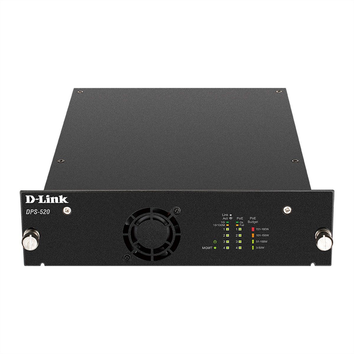 Servidor D-Link DPS-520 negro, con ventilador y luces de estado en el panel frontal.