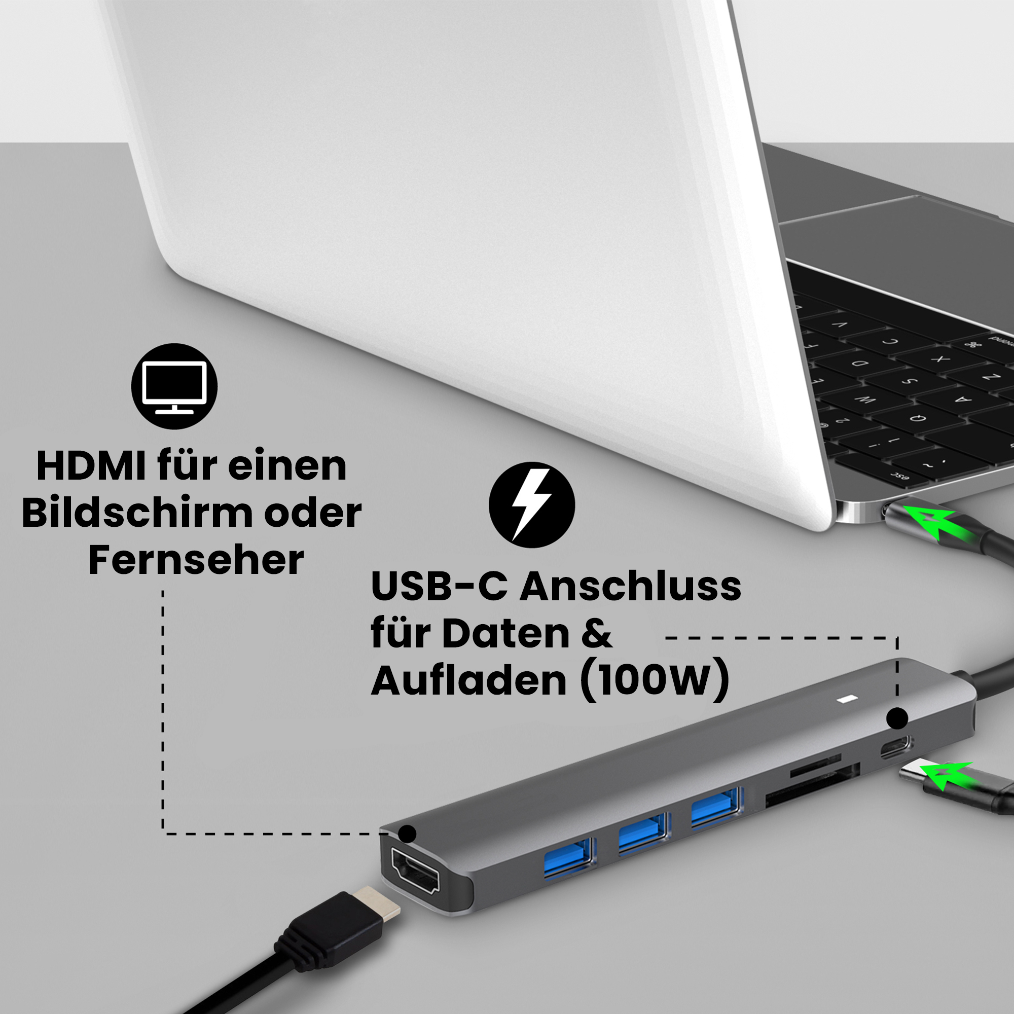 Grau Space Aufladen, USB-C Hub, 100W ROLIO