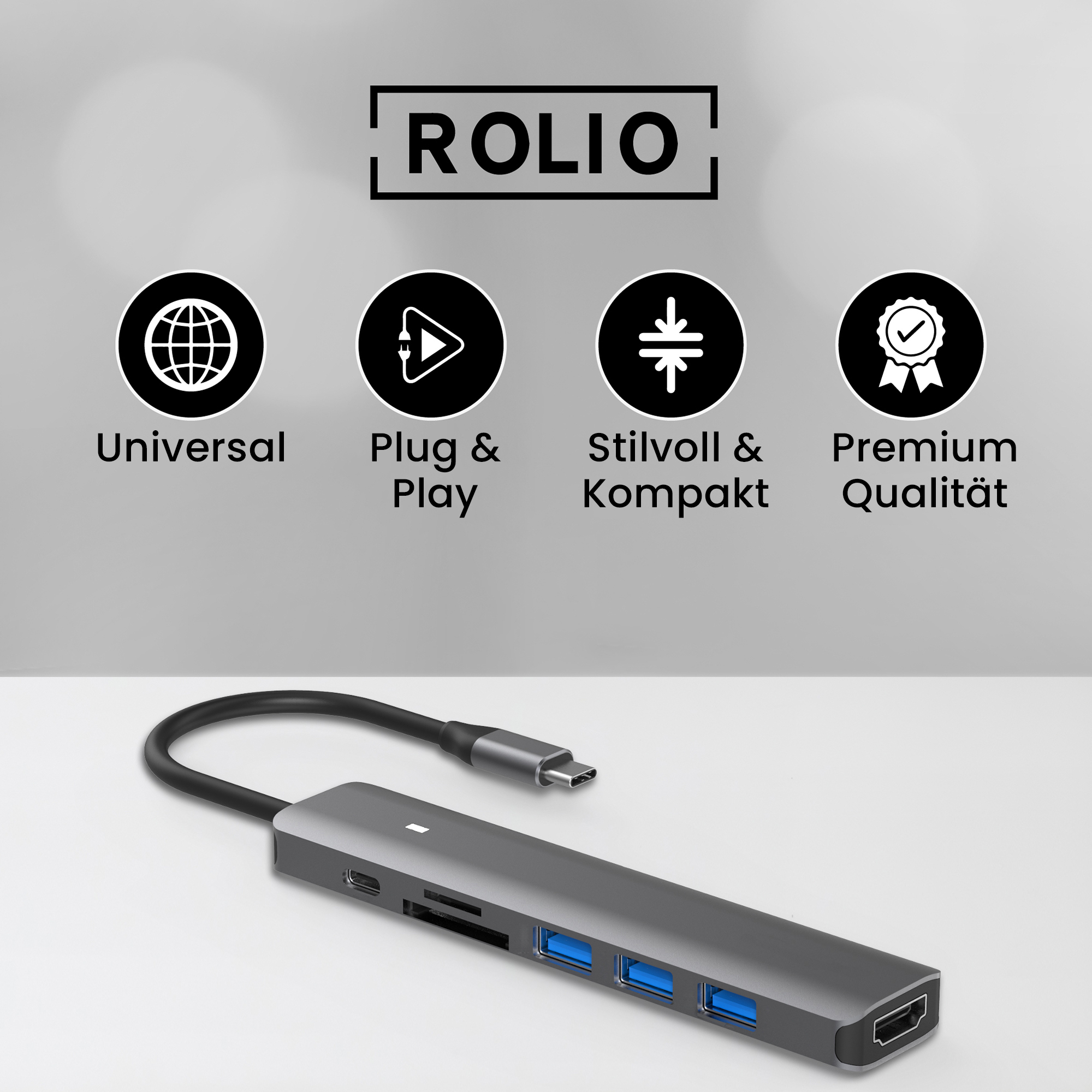 ROLIO 100W Aufladen, Hub, USB-C Grau Space