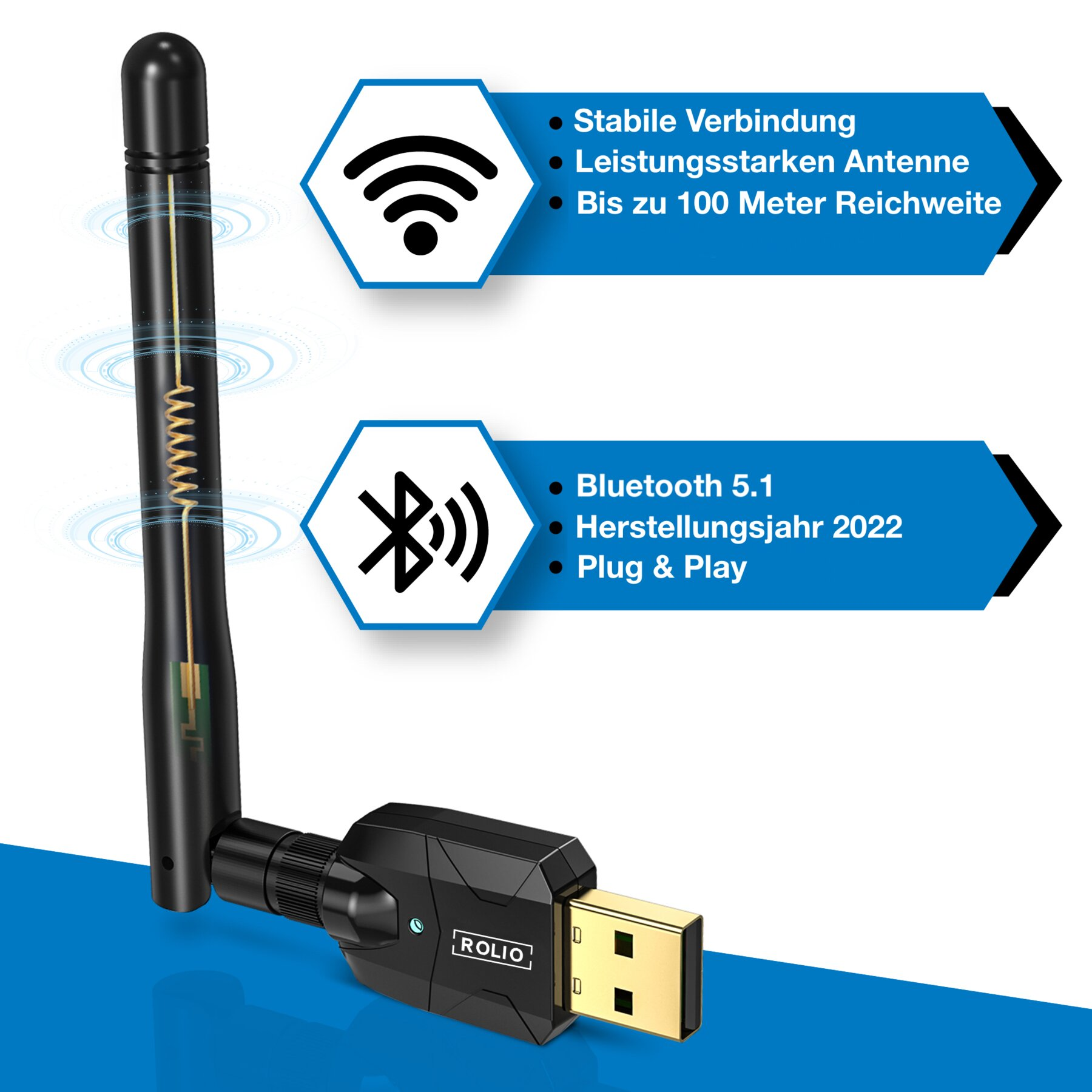 ROLIO adapter USB Bluetooth 5.1 Transmitter Schwarz