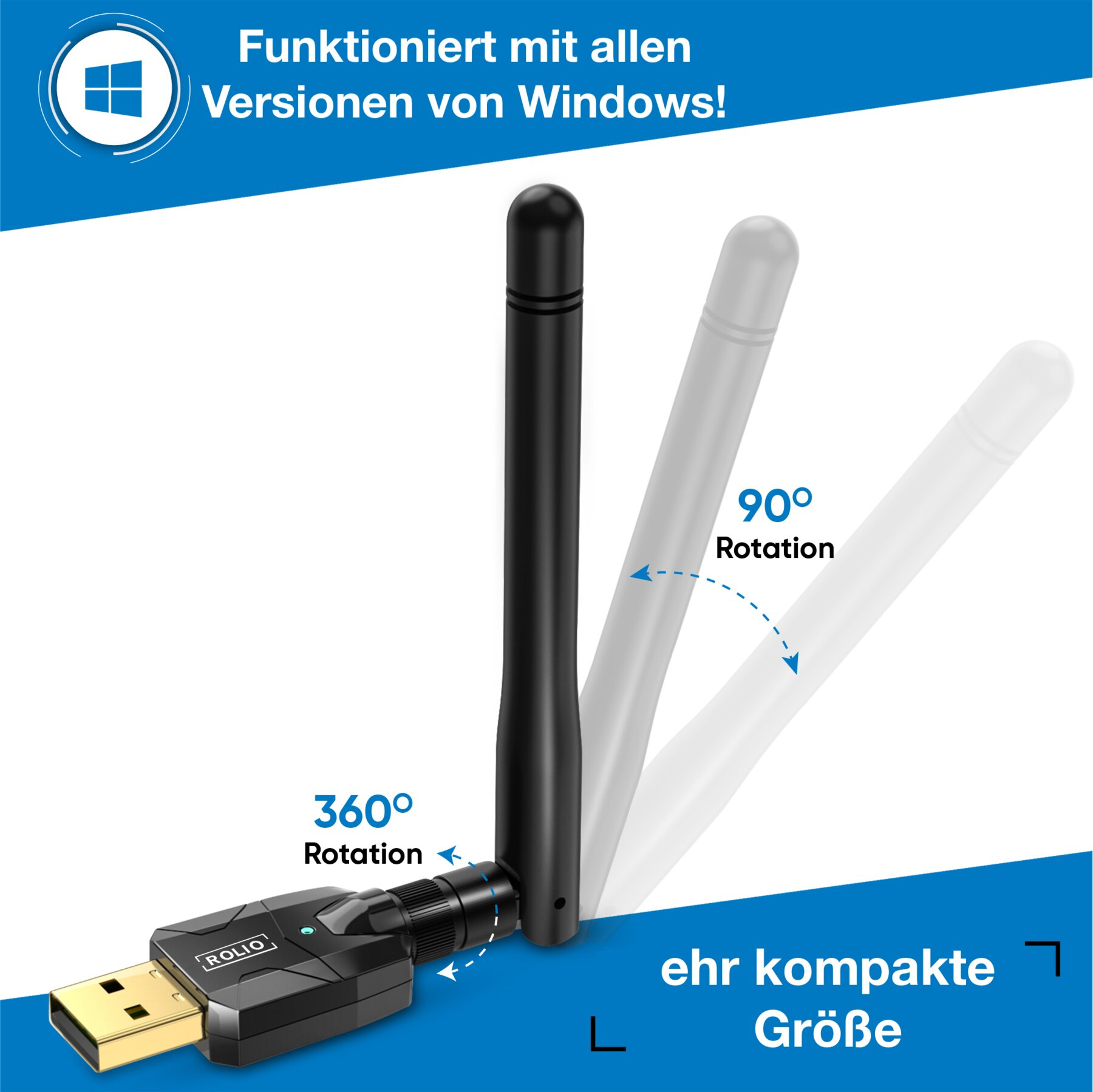 Drahtloser USB-Adapter mit drehbarer Antenne. Text zeigt Kompatibilität.