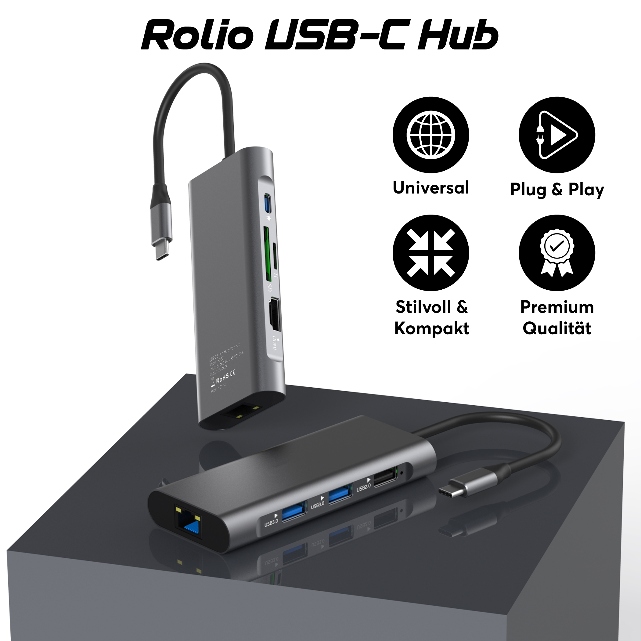 8-in-1, USB-C Grau Space Hub, ROLIO