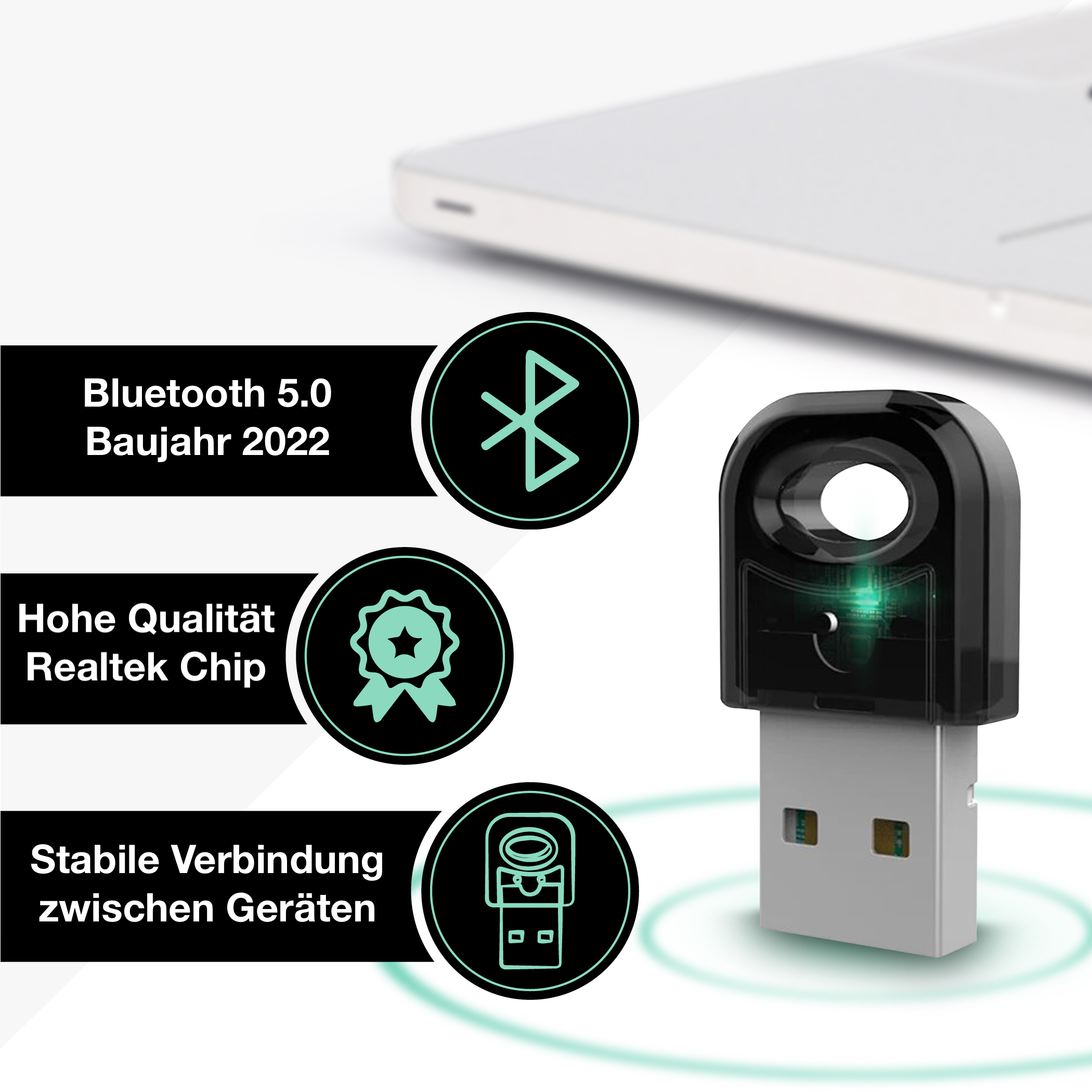 Un adaptateur Bluetooth USB noir avec des icônes et du texte décrivant ses fonctionnalités.