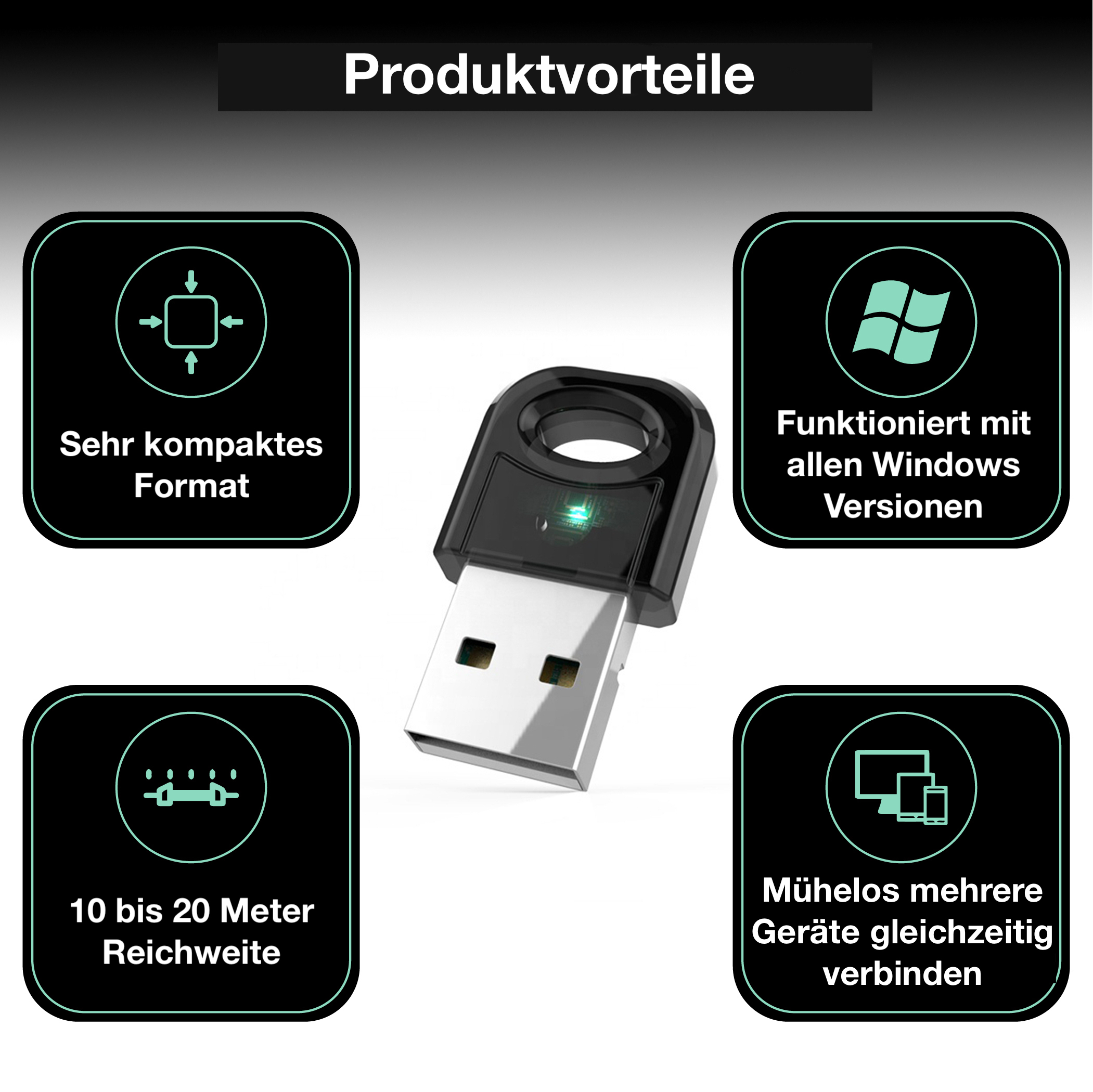 Un dongle USB avec des icônes et du texte montrant des fonctionnalités comme la taille compacte et la compatibilité.