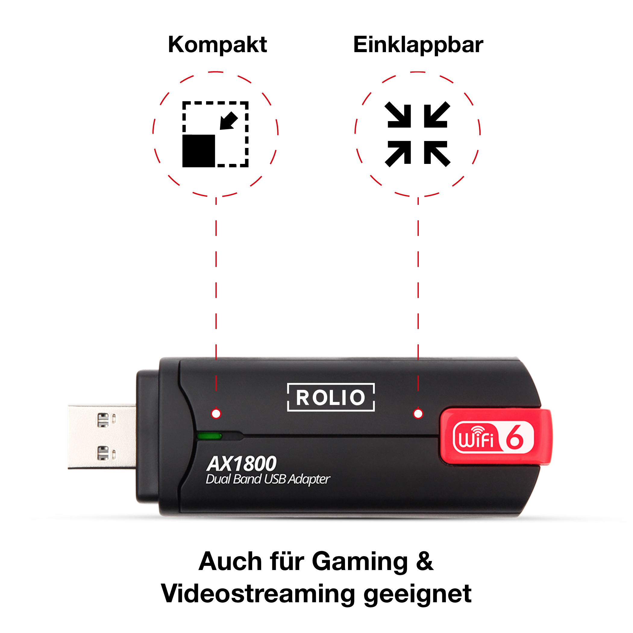Ein schwarzer USB-Adapter mit dem Markennamen Rolio und dem WiFi 6 Logo, der auch die kompakte Größe anzeigt.