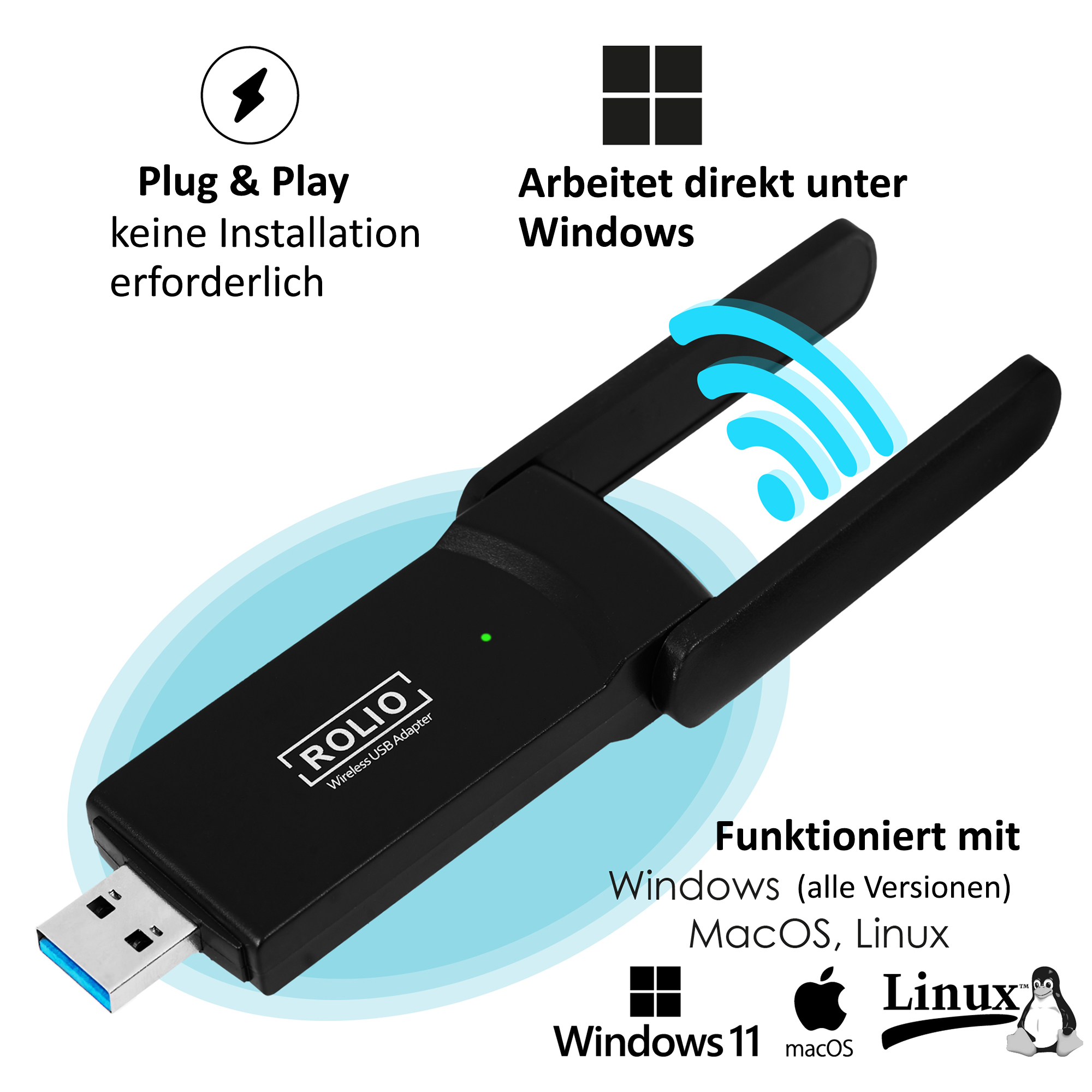 Schwarzer WLAN-Adapter mit Text und Symbolen auf weißem Grund.