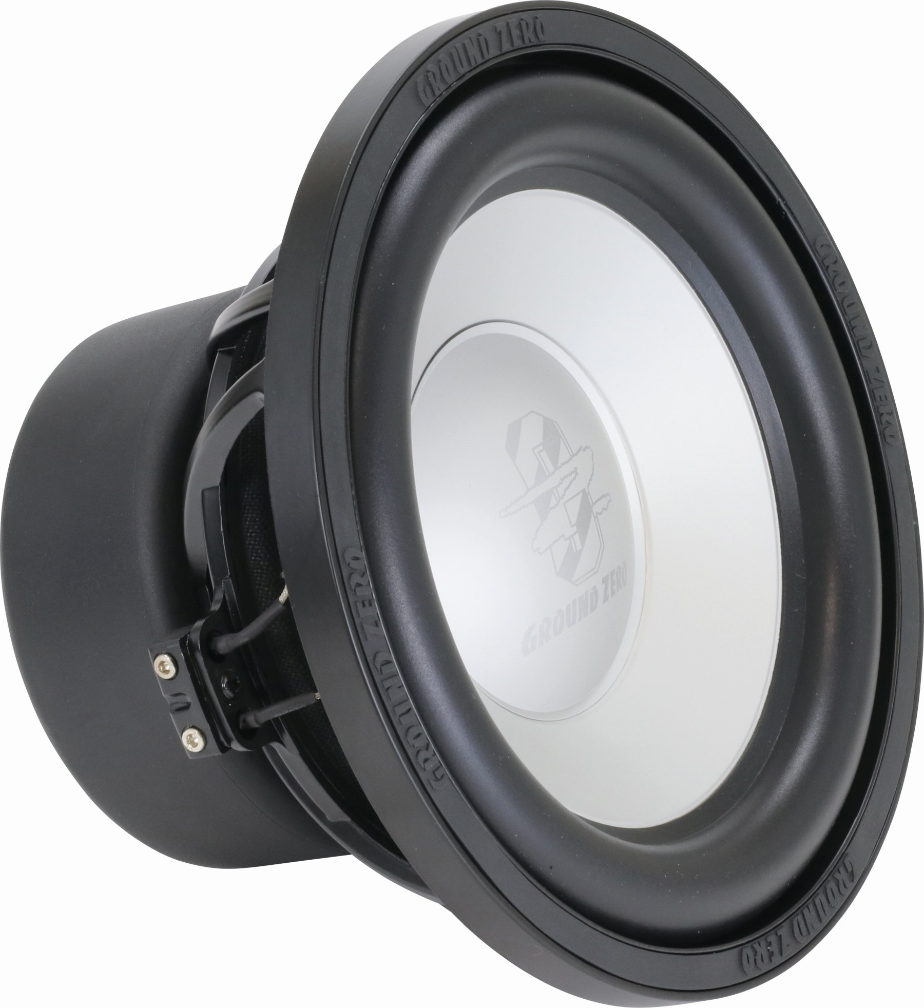 Schwarzer Subwoofer mit silbernem Zentrum.