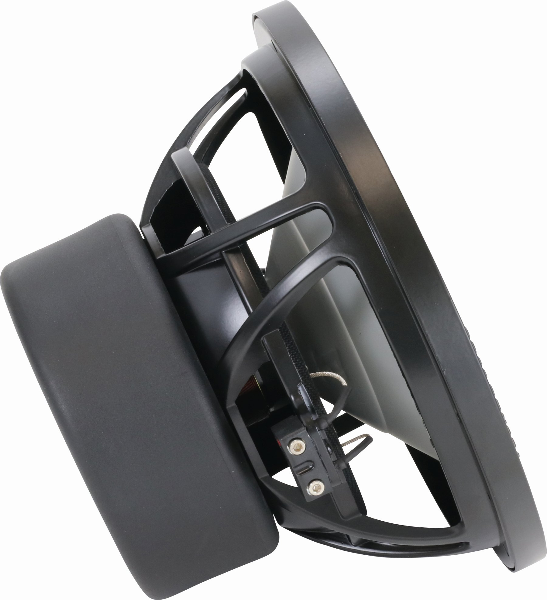Schwarzer Car-Audio-Subwoofer mit schwarzem Rahmen und Blick auf die Rückseite.