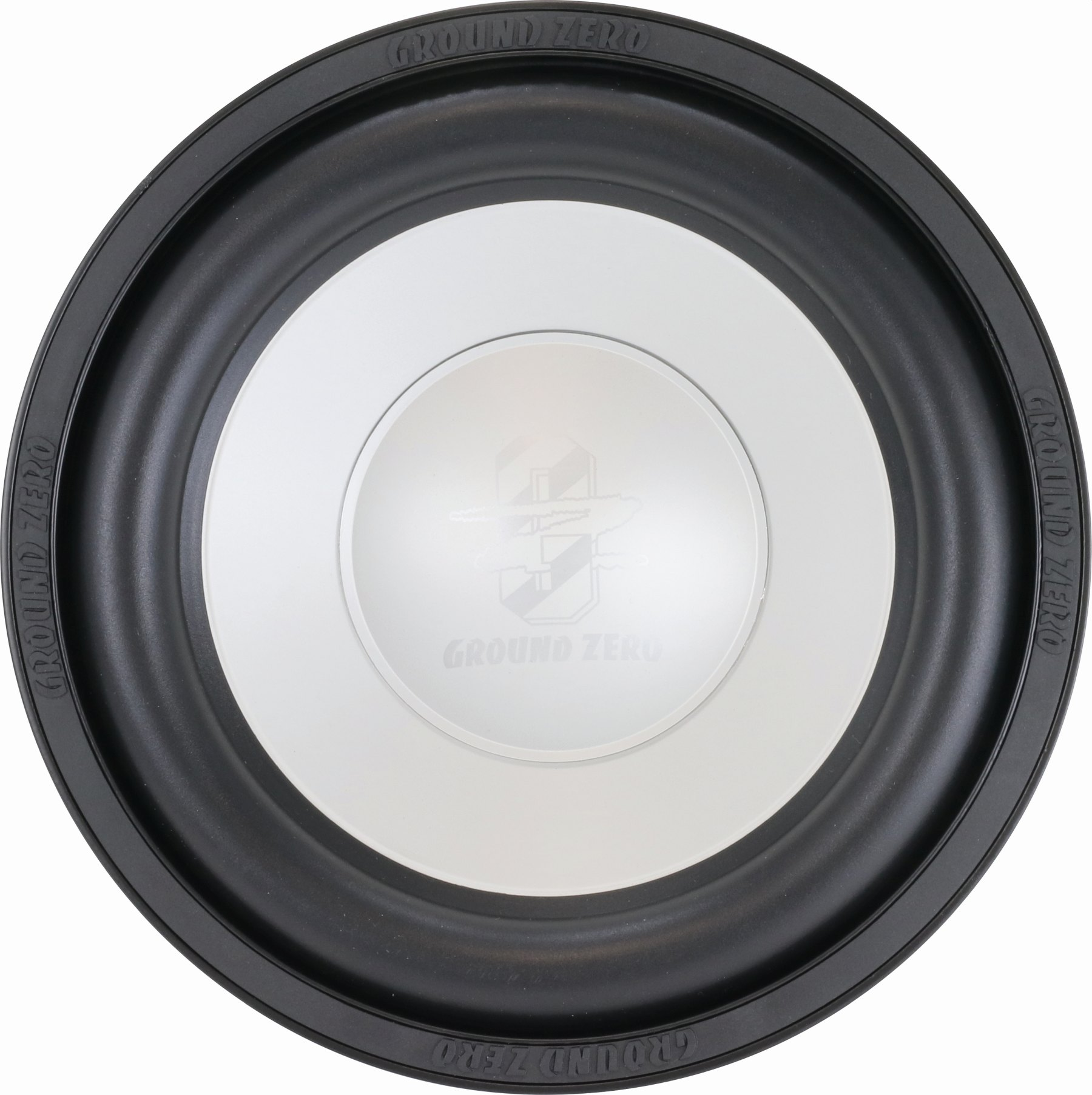 Nahaufnahme eines schwarzen Subwoofers mit silberner Mitte auf Weiß.