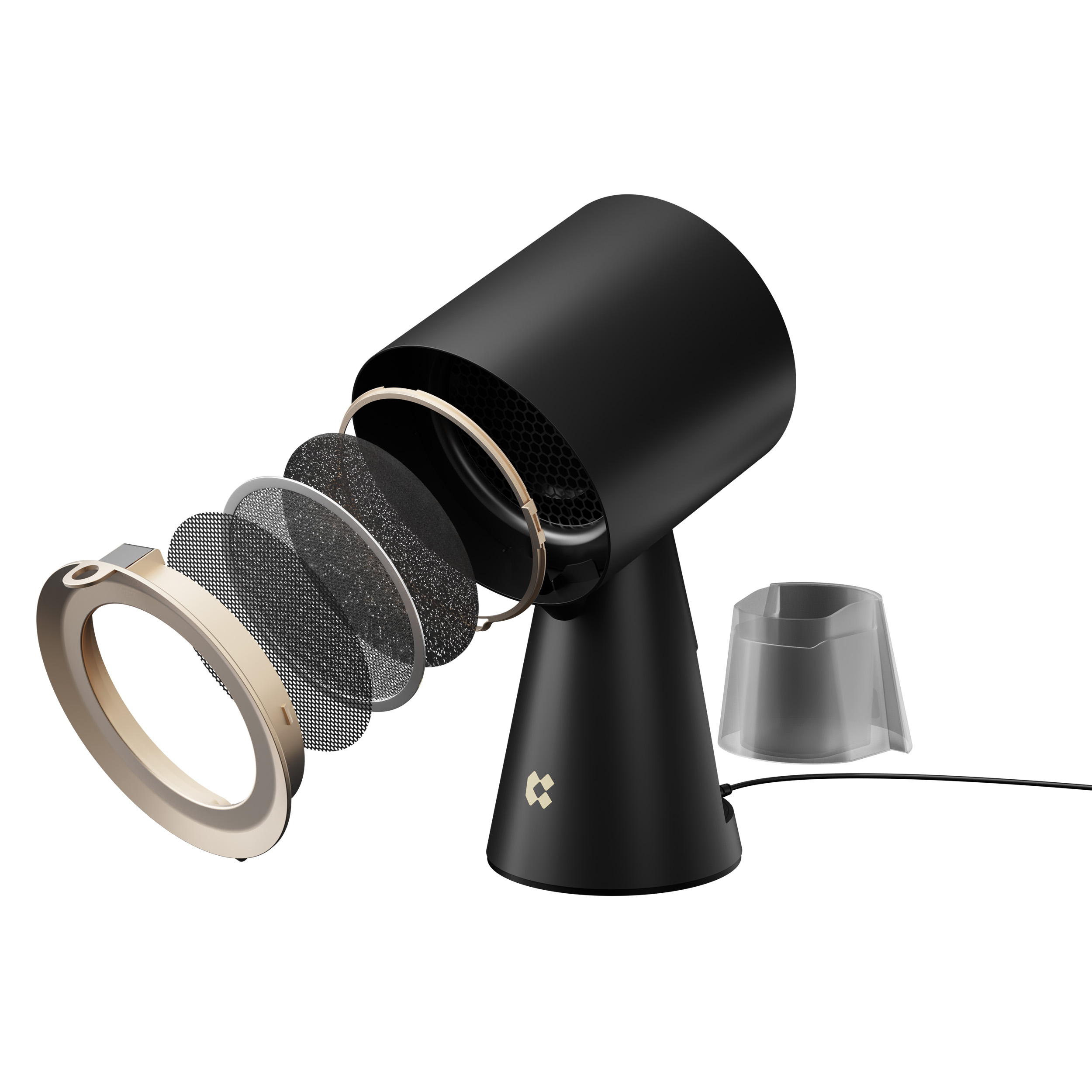 Purificatore d'aria nero con dettagli dorati, con componenti smontati e una tazza.