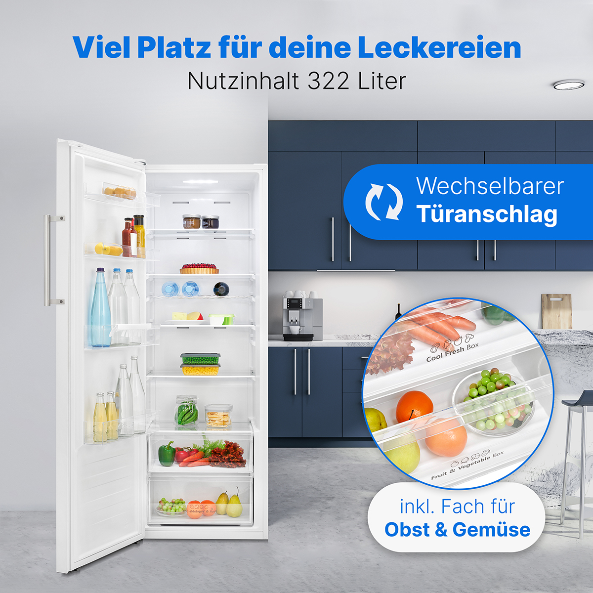 Ein Kühlschrank mit offener Tür, der Lebensmittel im Inneren zeigt. Nahaufnahme der Gemüseschublade.