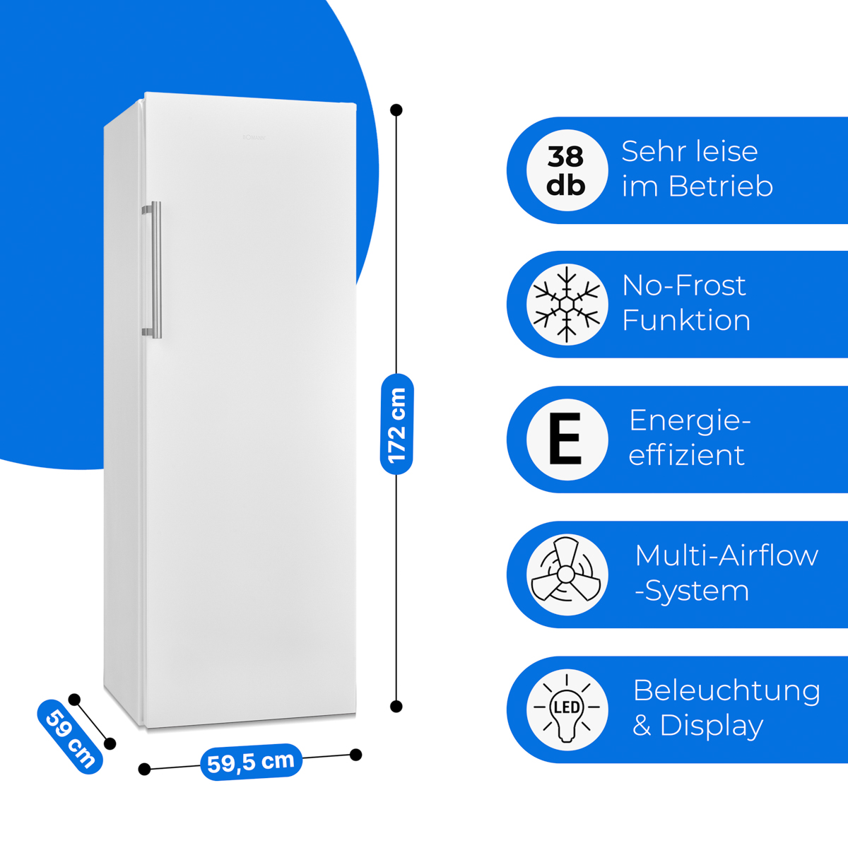 Weißer Kühlschrank mit angezeigten Abmessungen. Merkmale sind Energieeffizienz und LED-Beleuchtung.