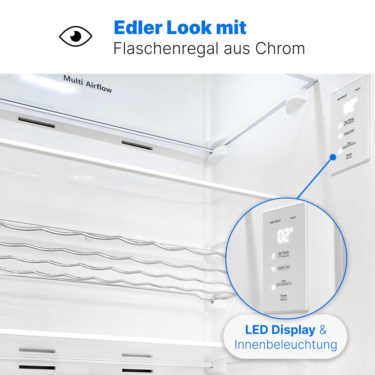 Kühlschrankinnenraum mit LED-Anzeige. Chrom-Weinregal sichtbar.