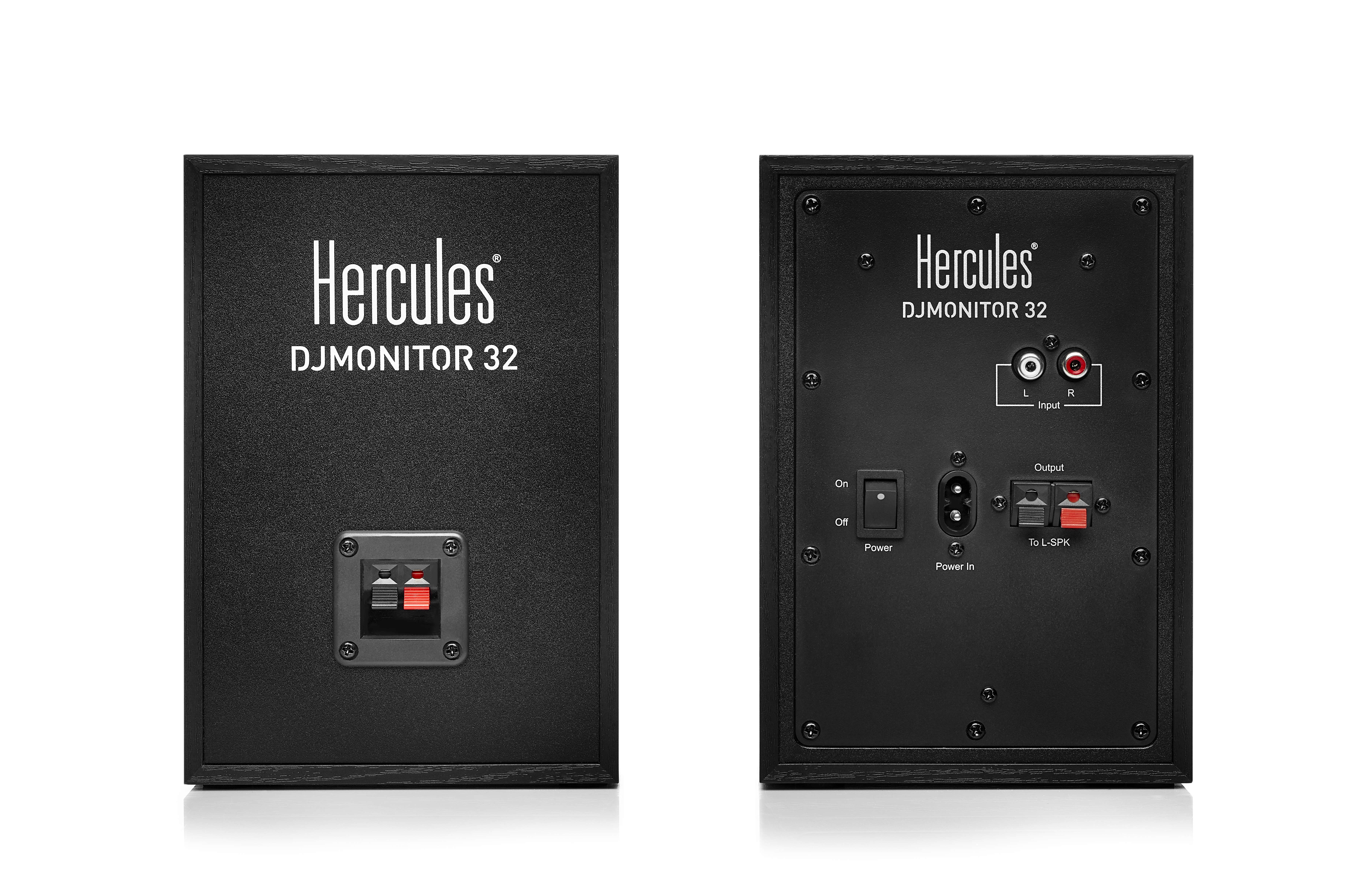 Twee zwarte Hercules DJMONITOR 32 speakers. Voor- en achteraanzicht. Zwart met Hercules tekst.