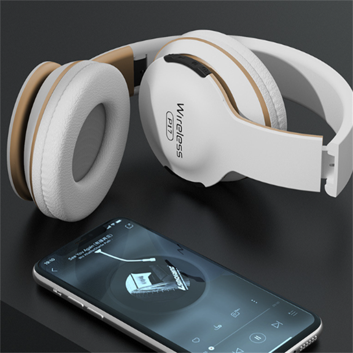 Weiß-beige kabellose Kopfhörer mit Smartphone, Musik-App.