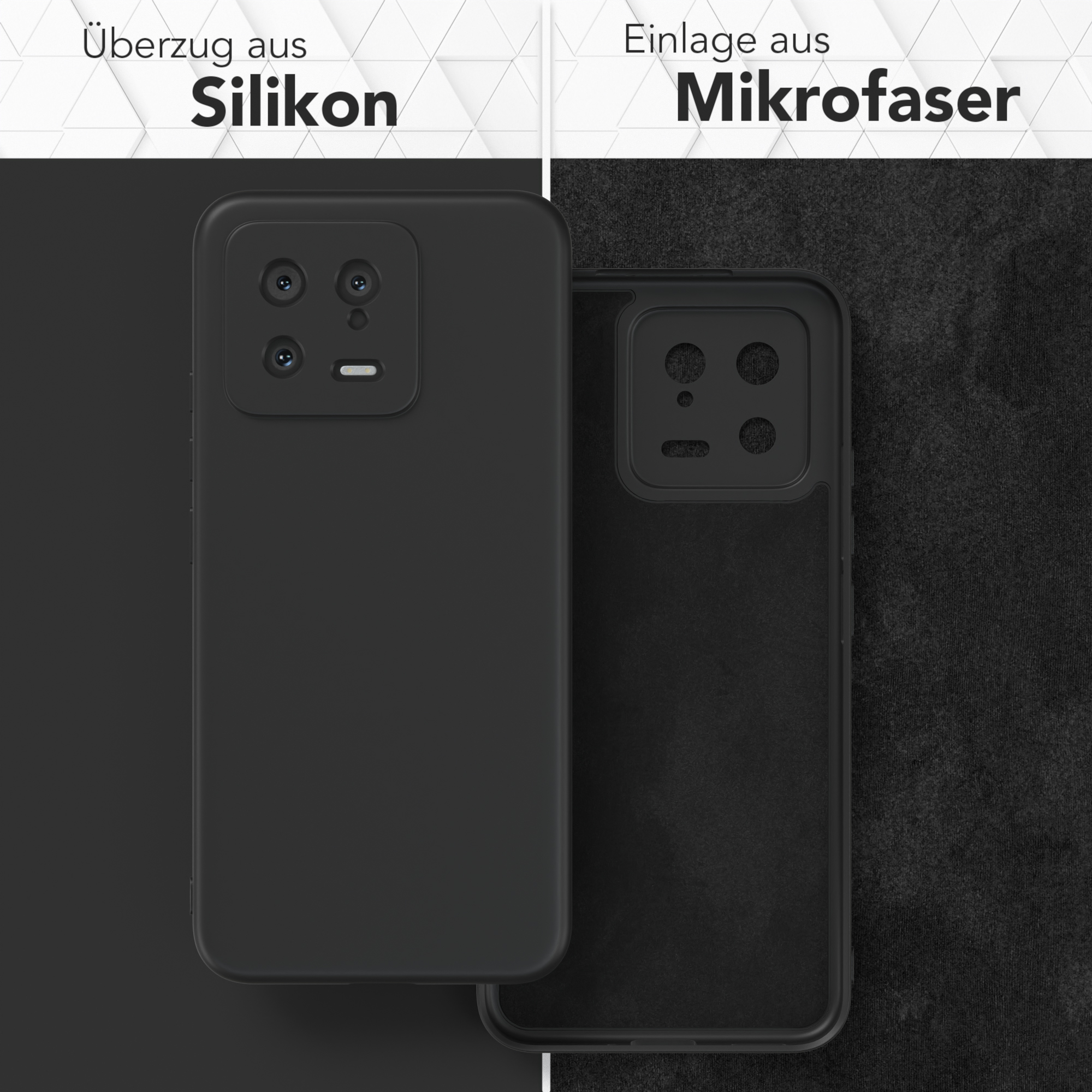 Zwei Handyhüllen, eine schwarze, eine cremefarbene. Zeigt die Innen- und Außenseite der Hülle, mit Etiketten.