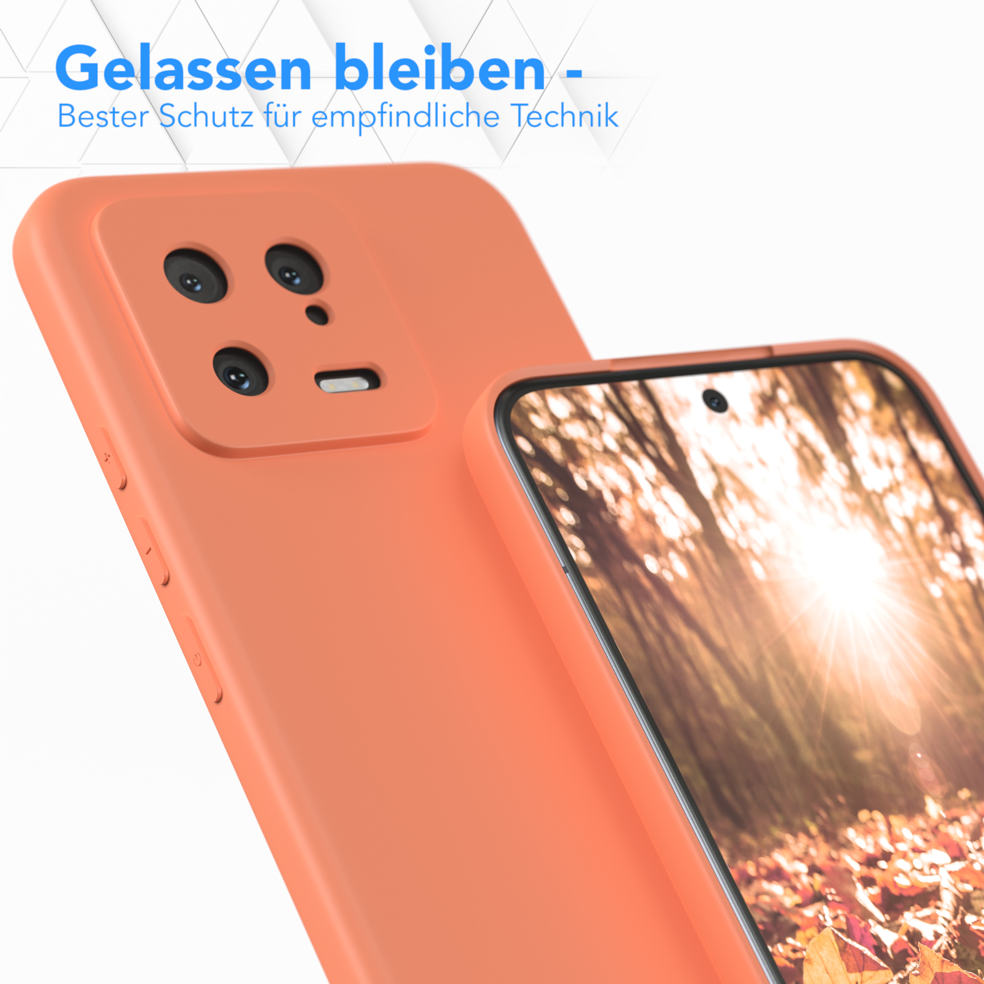 Orange Handyhülle mit Telefon. Text: Gelassen bleiben - Bester Schutz...