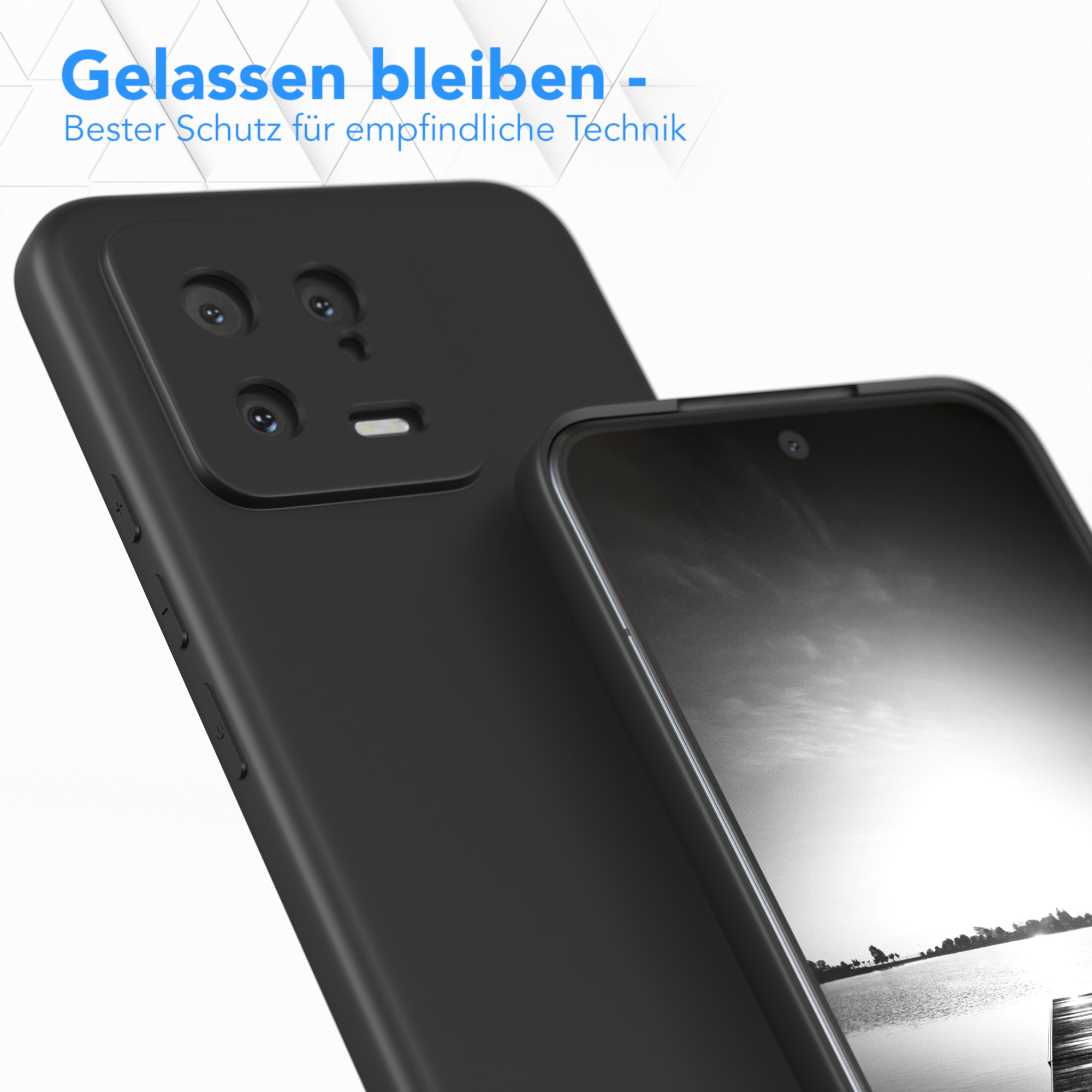 Zwei schwarze Handyhüllen. Eine bedeckt ein Telefon, die andere ist separat. Text: 'Entspannt bleiben'.