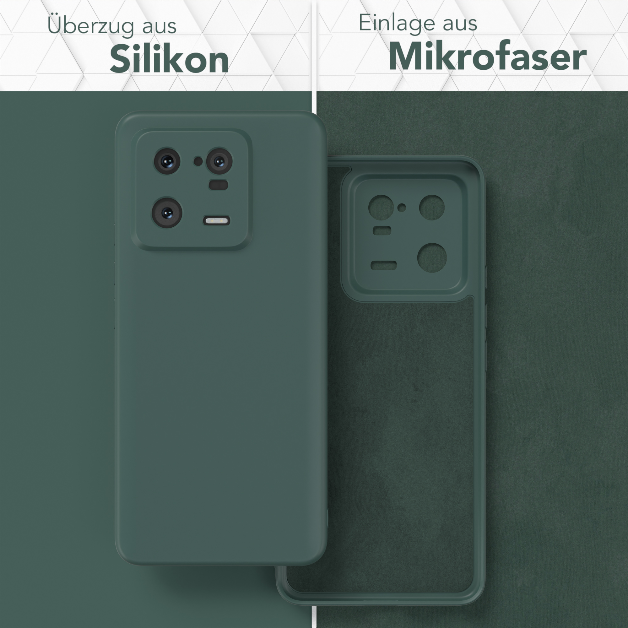 Eine Handyhülle in Dunkelgrün. Die linke Seite zeigt die Hülle am Telefon, die rechte Seite zeigt die Hülle allein.