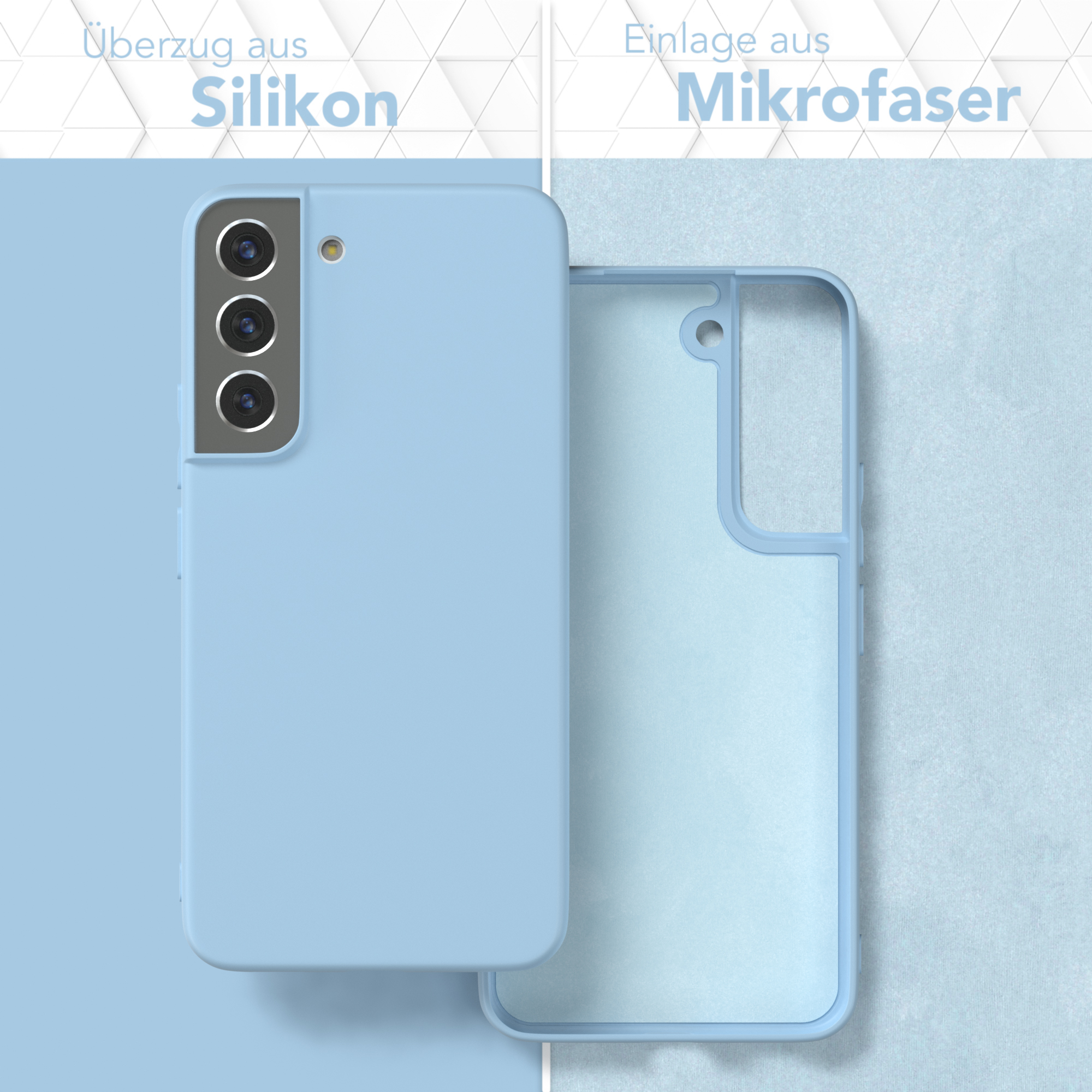 Eine hellblaue Handyhülle mit einem Telefon darin. Die Hülle besteht aus Silikon und Mikrofaser.