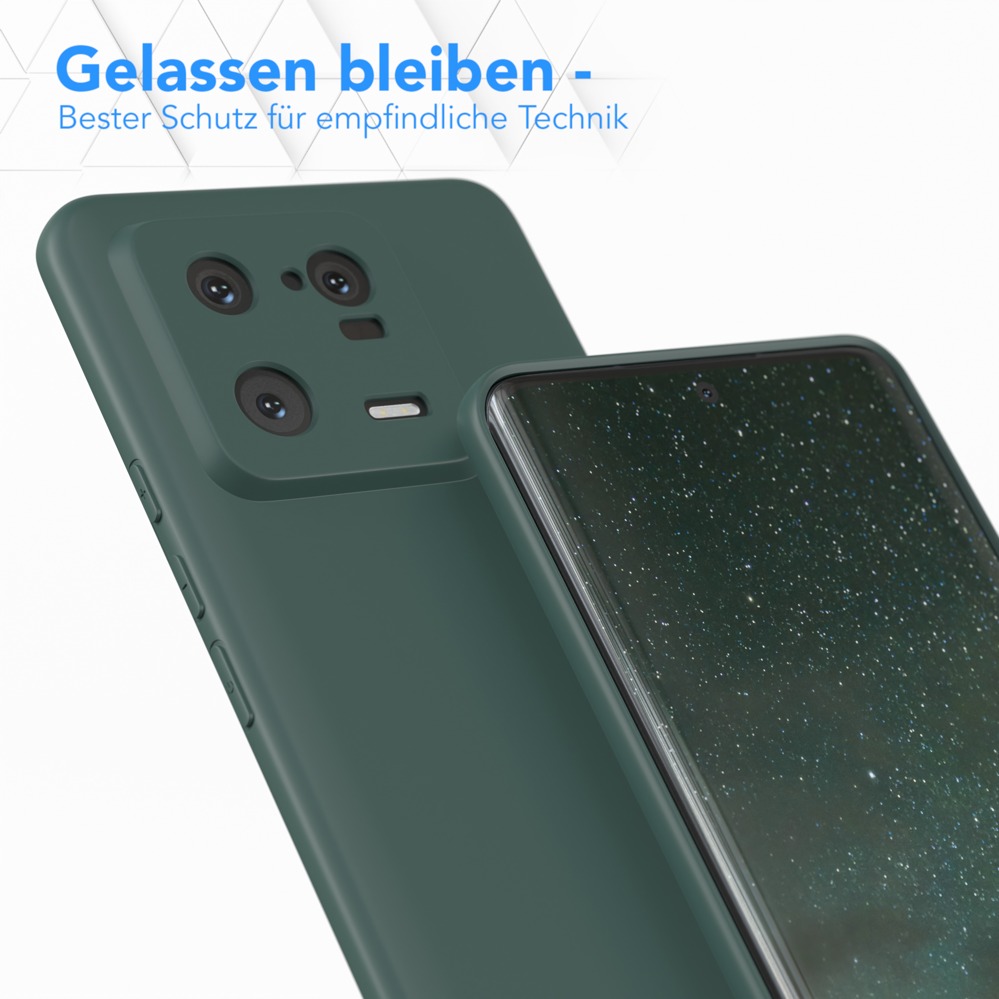 Eine dunkelgrüne Handyhülle und ein Handy mit grünem und schwarzem Bildschirm.