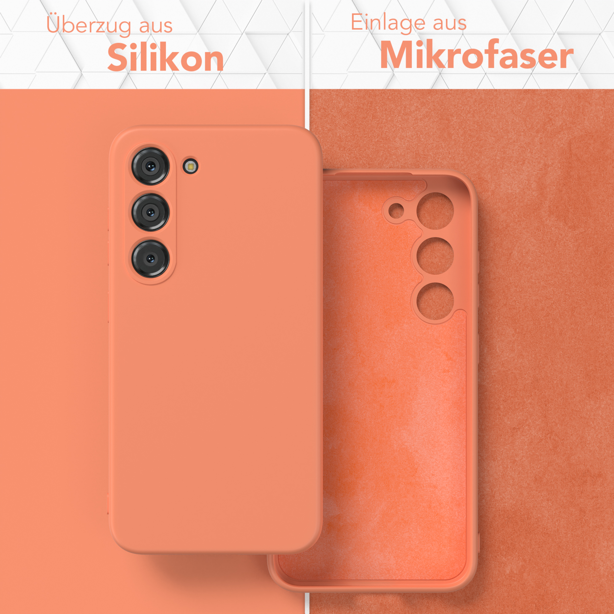 Ein korallenfarbenes Handycase, geöffnet, das Innere zeigend. Außen Silikon, innen Mikrofaser.