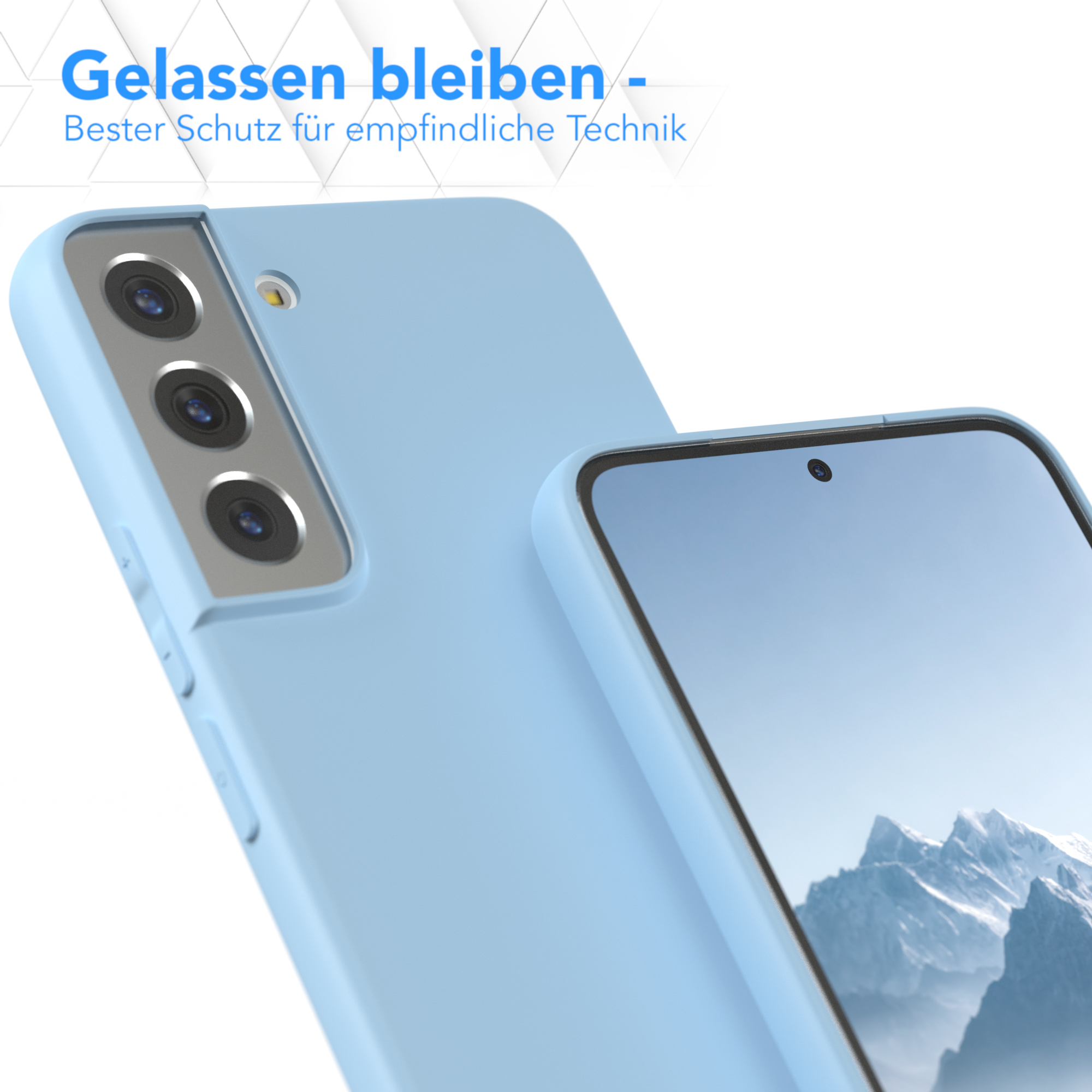 Eine hellblaue Handyhülle mit einem Telefon darin, das den Bildschirm zeigt, mit einer Berglandschaft.