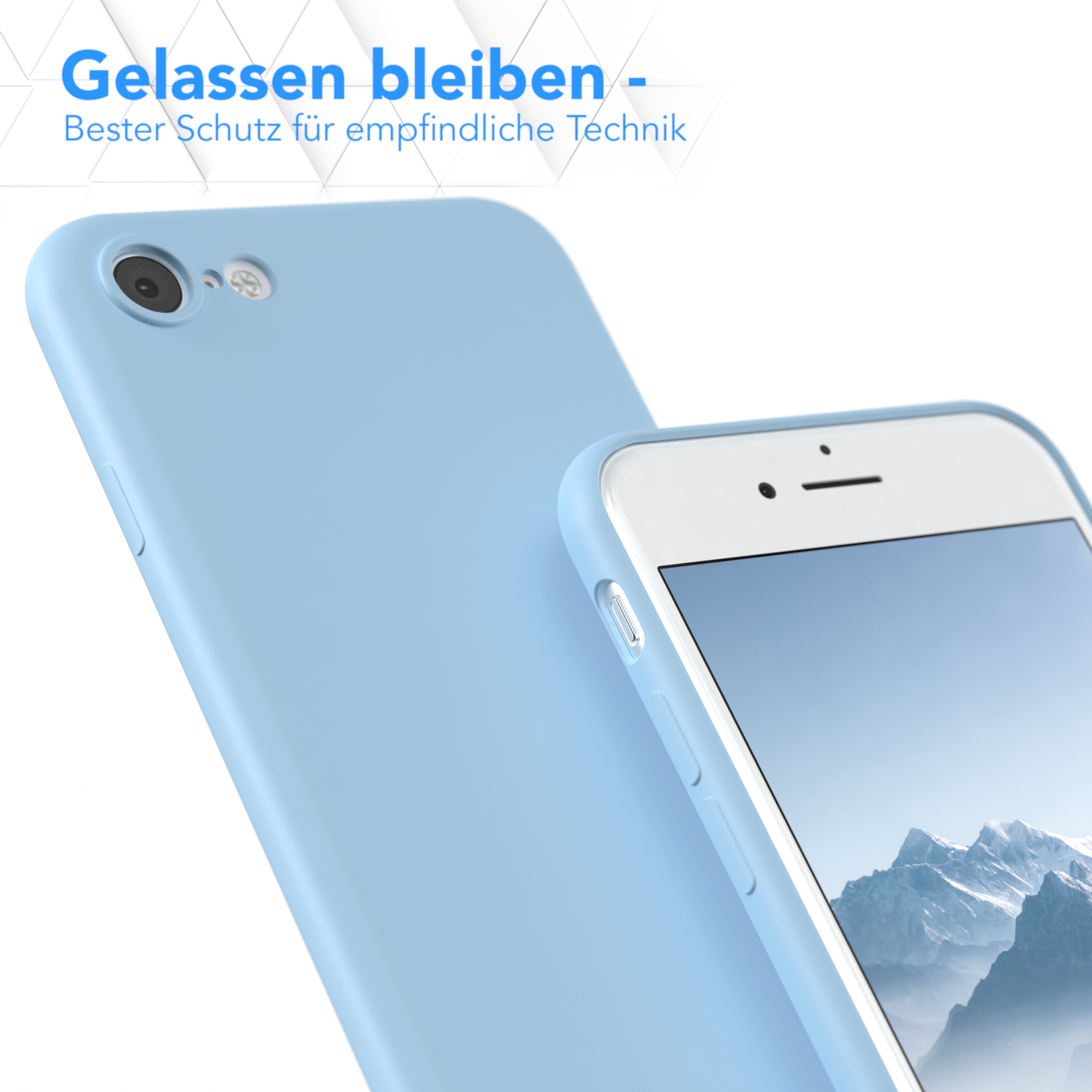 Eine hellblaue Handyhülle und ein weißes Telefon mit Bildschirm, vor weißem Hintergrund.