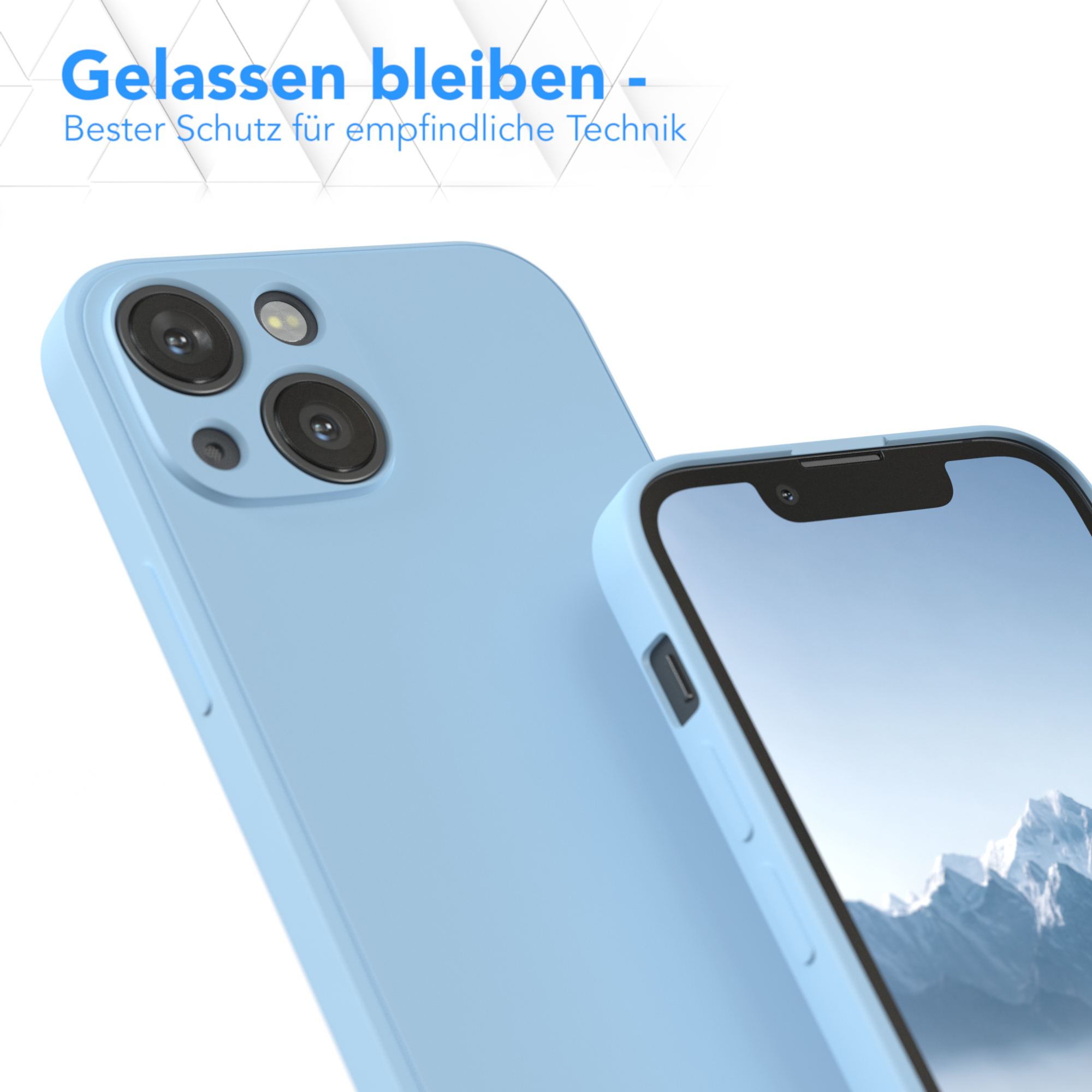 Zwei blaue Handyhüllen. Eine zeigt die Rückseite, die andere die Vorderseite.