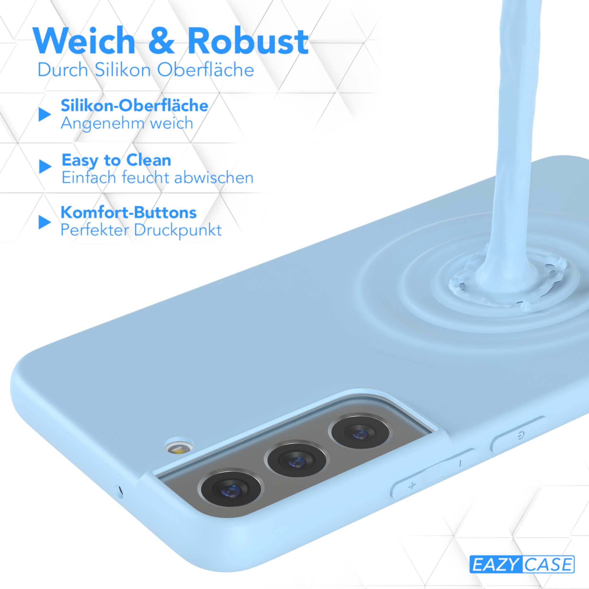 Eine hellblaue Handyhülle. Wasser wird von oben gegossen. Text ist auf dem Gehäuse vorhanden.