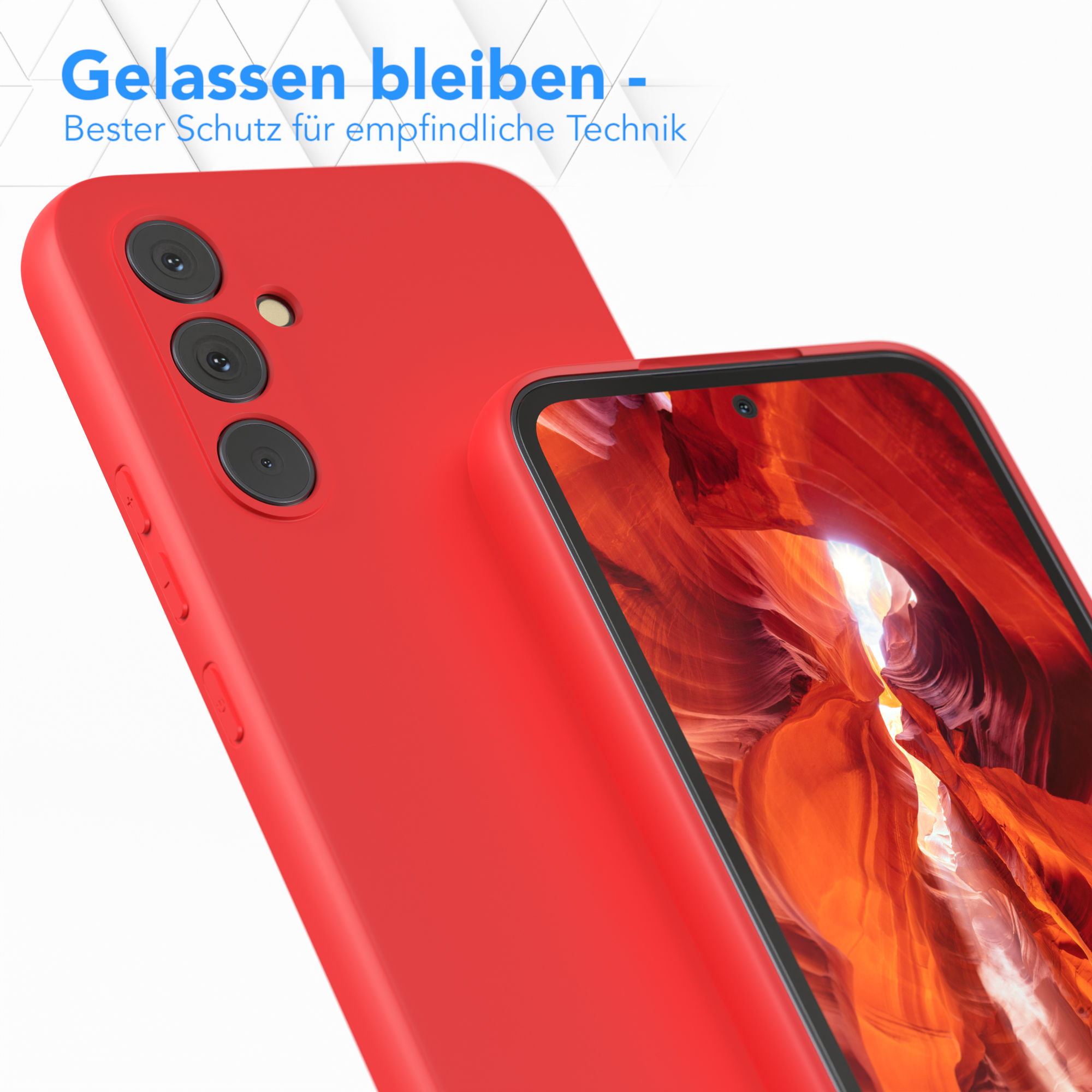 Eine rote Handyhülle mit einem Telefon darin. Der Text lautet: „Gelassen bleiben – Bester Schutz“.