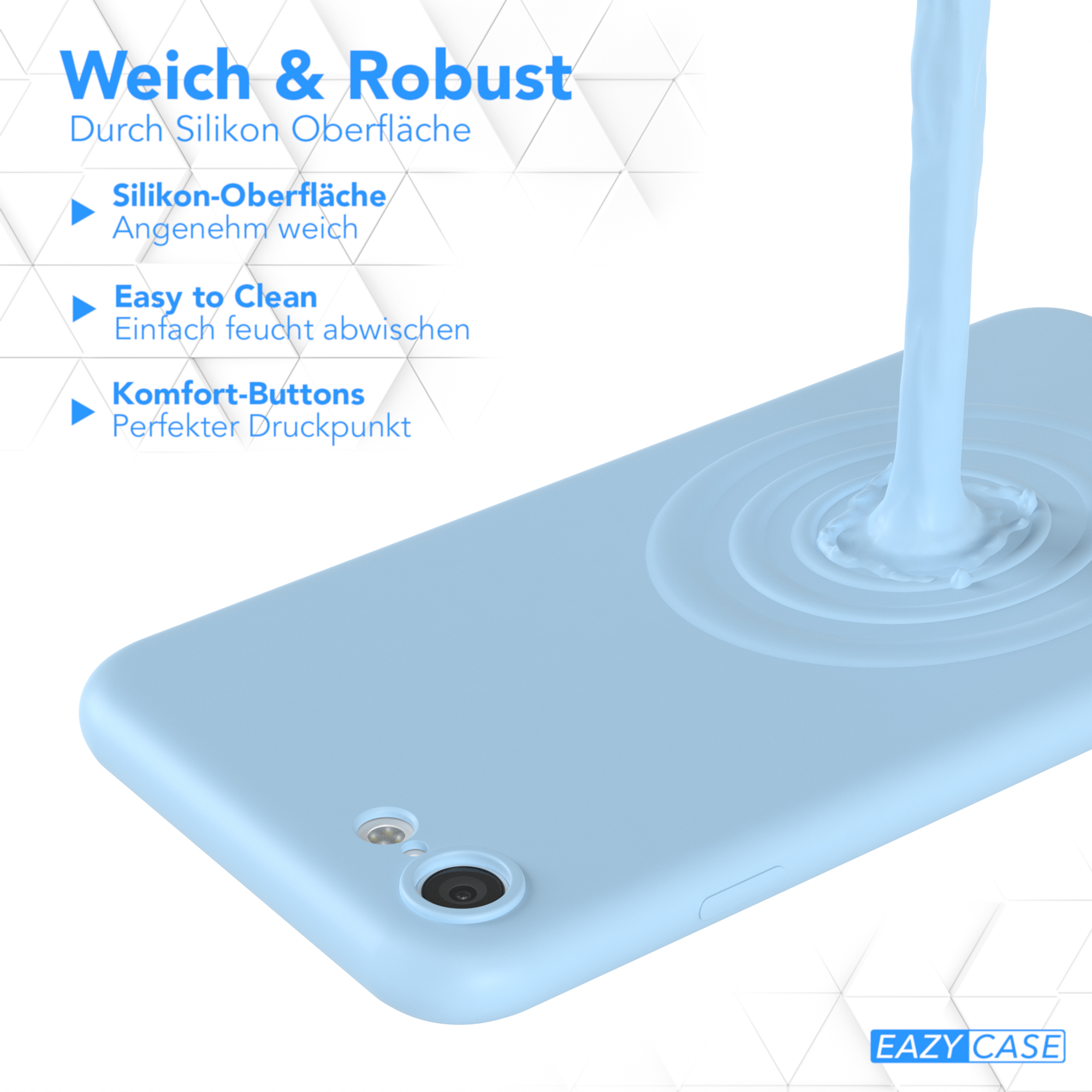 Blaue Handyhülle, Wasser wird darauf gegossen; Eigenschaften: Silikonoberfläche, leicht zu reinigen, Buttons.