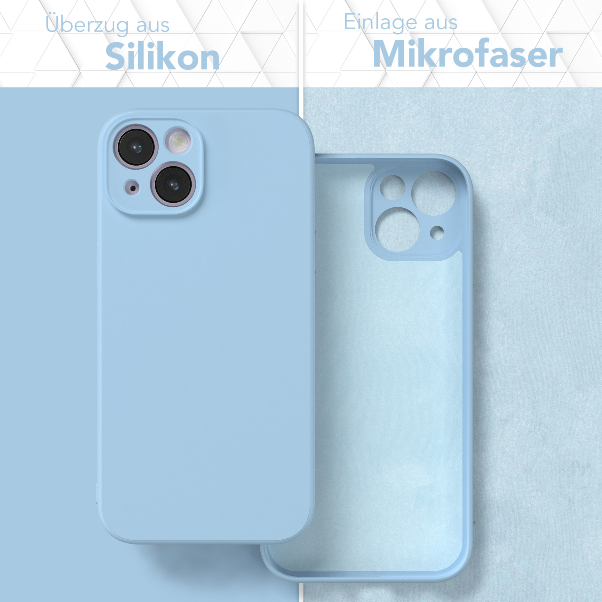 Hellblaue Handyhülle mit passendem Handy, Silikon außen und Mikrofaser innen.