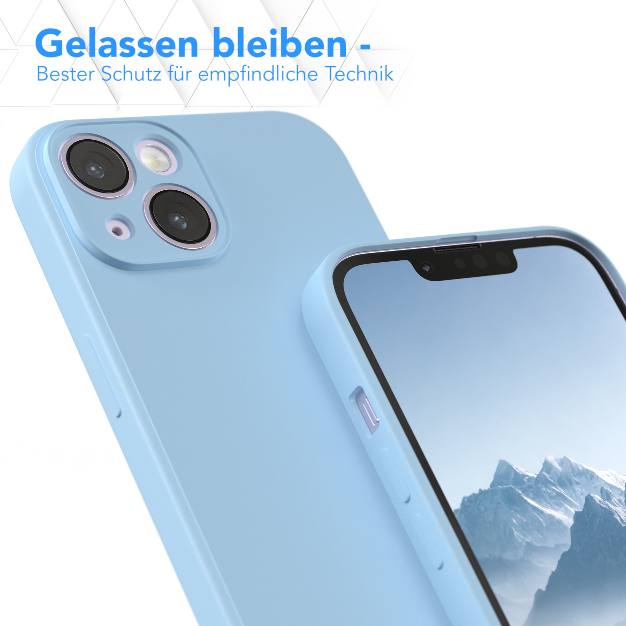 Hellblaue Handyhülle mit Telefon. Der Text 'Gelassen bleiben' ist sichtbar.