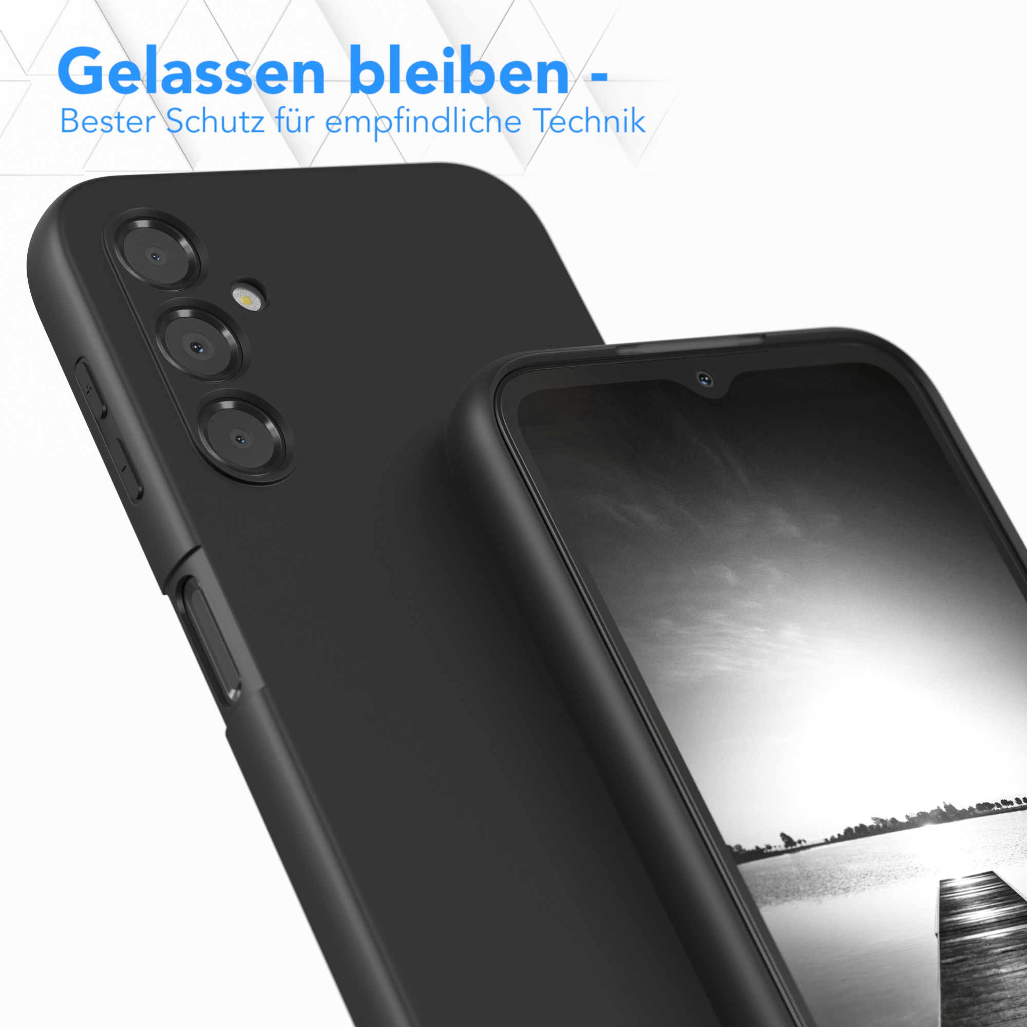 Schwarze Handyhülle schützt ein Telefon, mit mattem Finish und Kameraausschnitt.