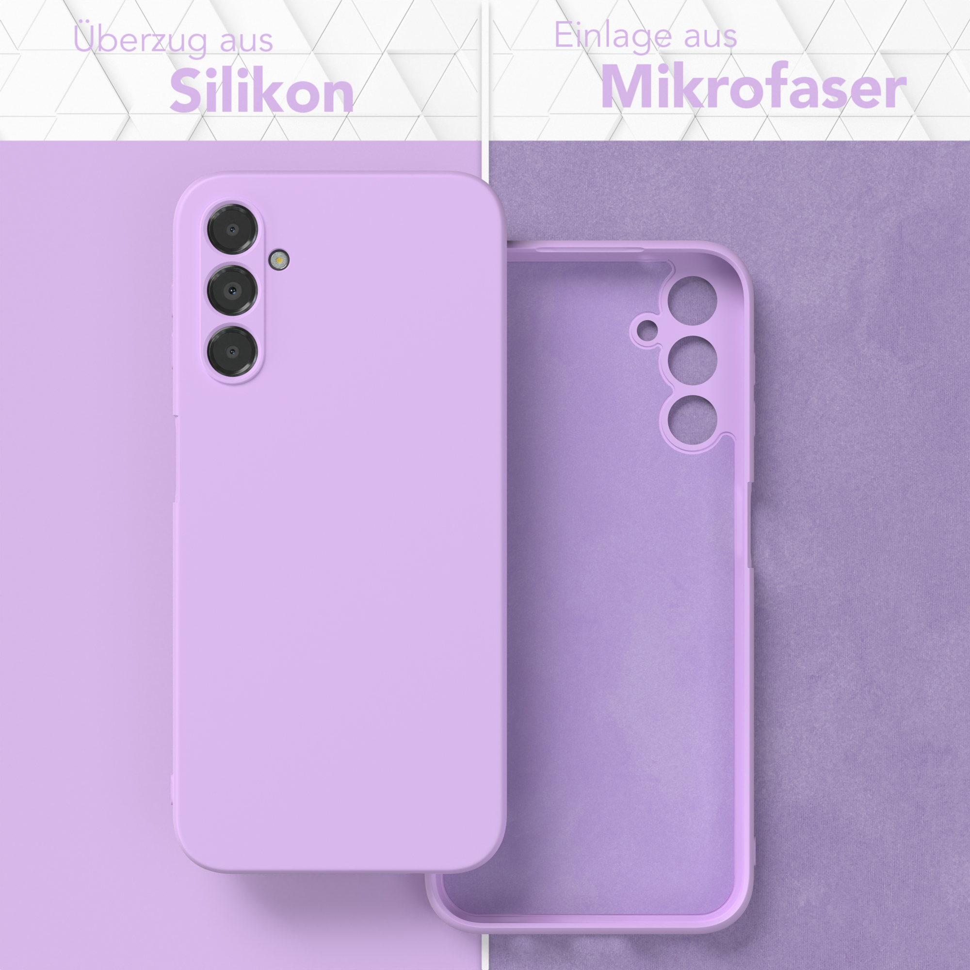 Zwei Handyhüllen, eine lavendelfarbene, eine transparente, beide zeigen Silikon- und Mikrofaser.