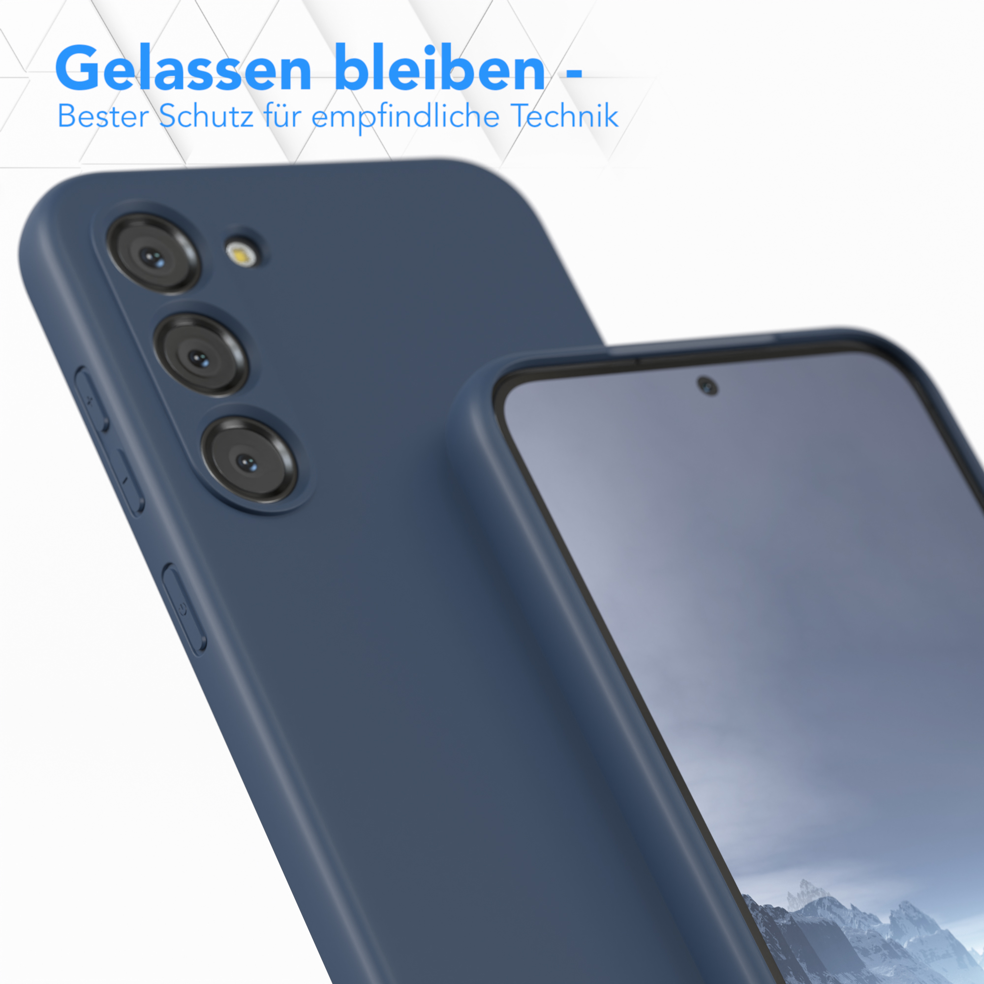 Eine dunkelblaue Handyhülle mit einem dunkelblauen Handy darin, die Kameralinsen sind sichtbar.