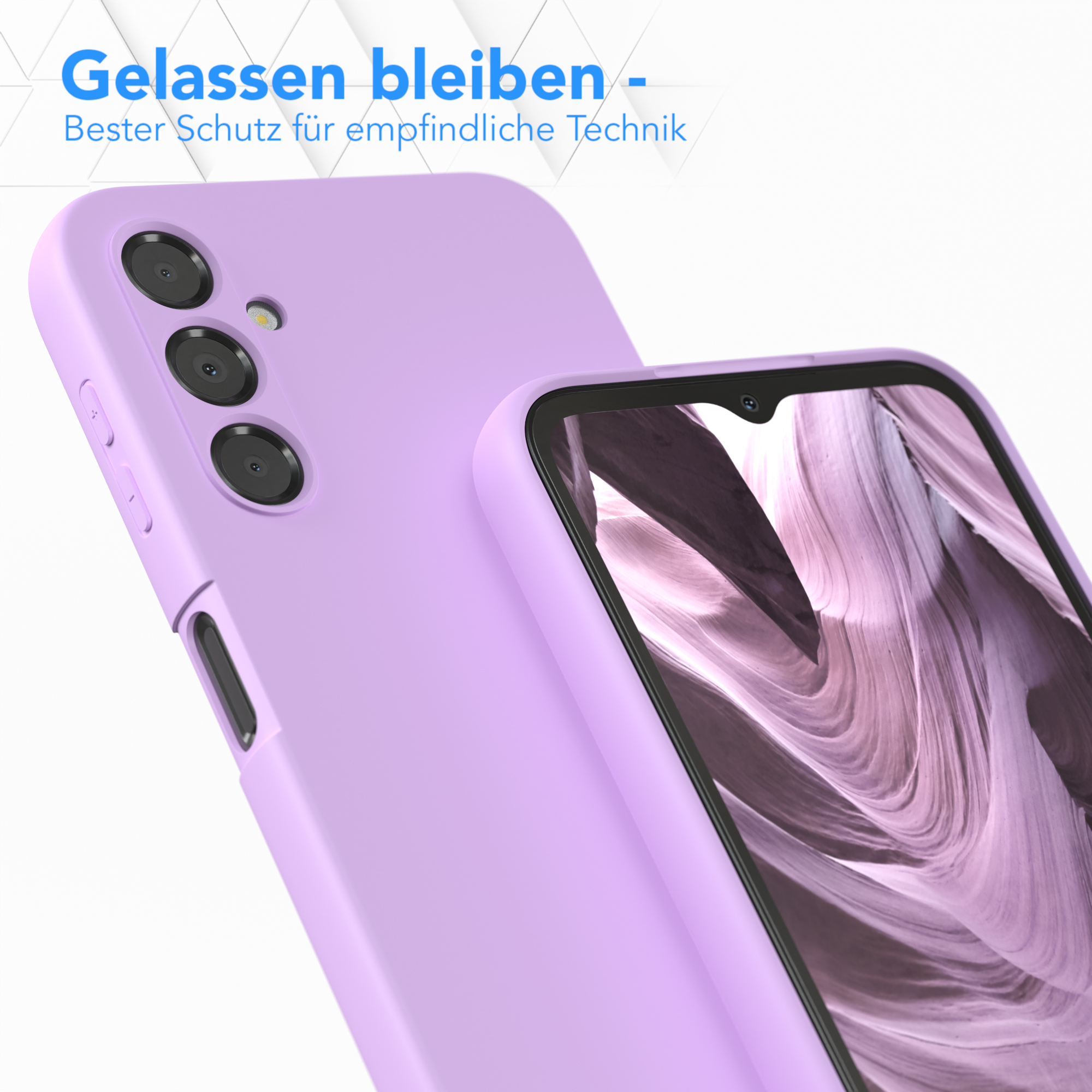 Eine lila Handyhülle mit einem Telefon darin. Das Telefon ist rechts.
