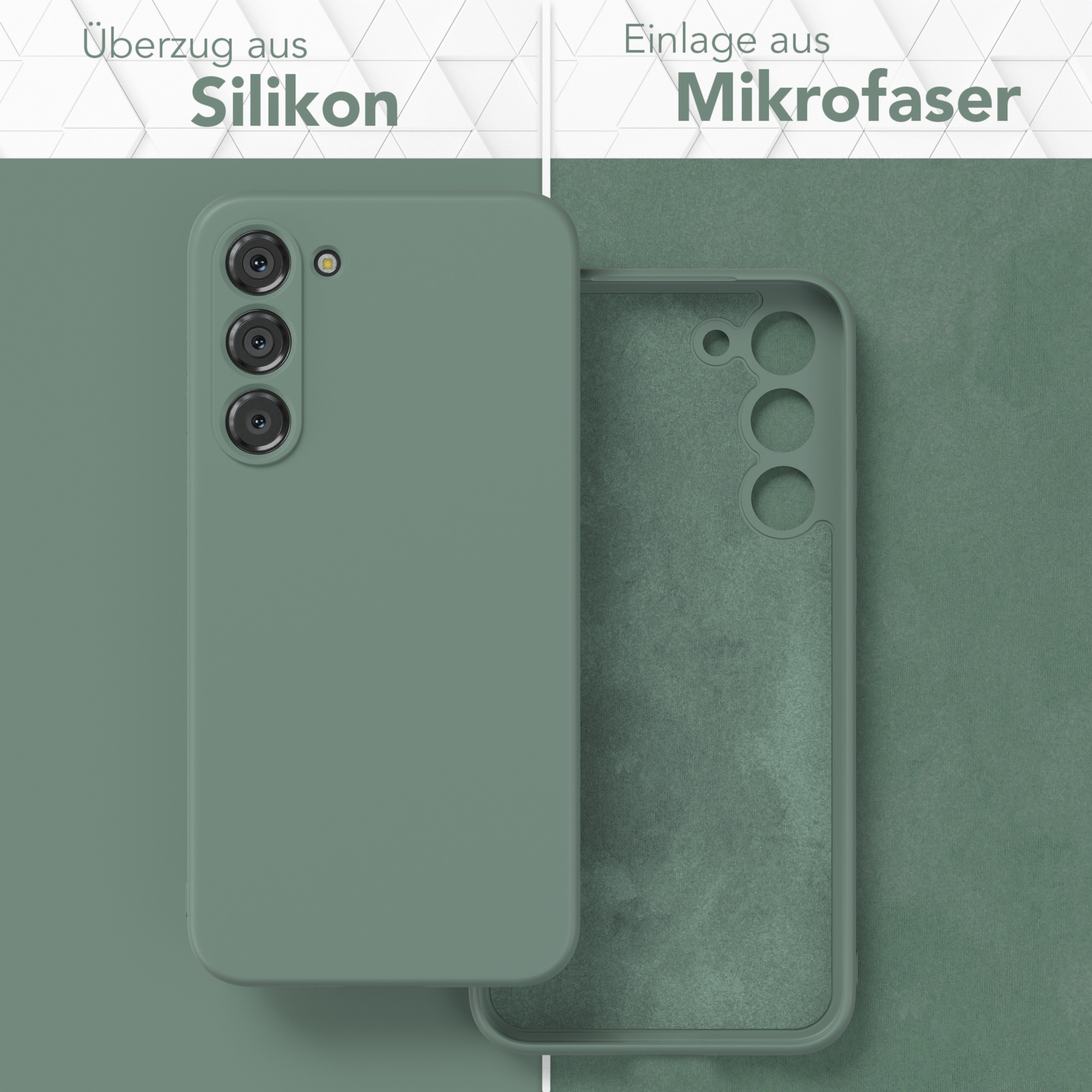 Eine Handyhülle, die Silikon außen und Mikrofaser innen zeigt, in grüner Farbe.