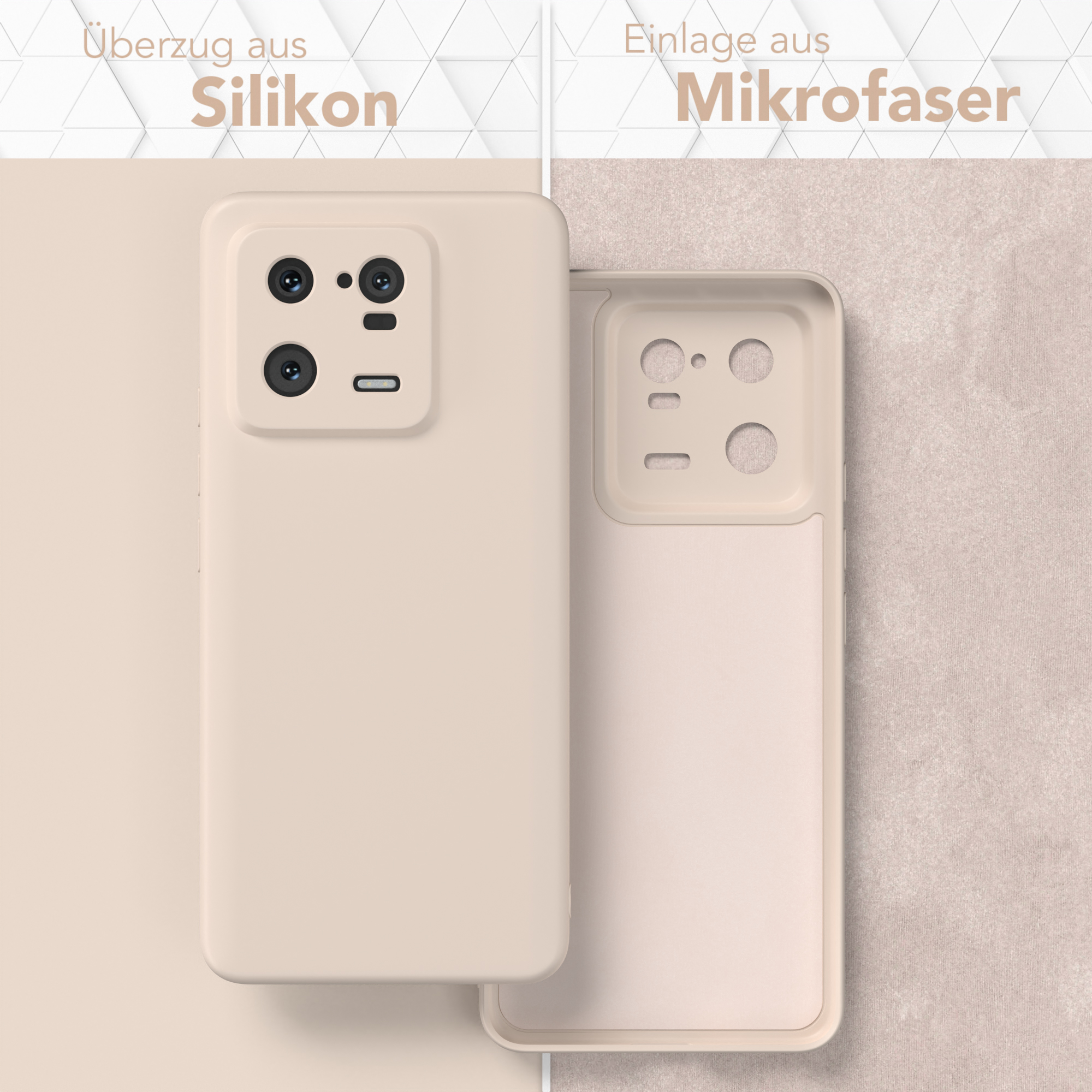 Zwei Handyhüllen, eine offen, mit Silikon außen und Mikrofaser innen. Beige Farbe.