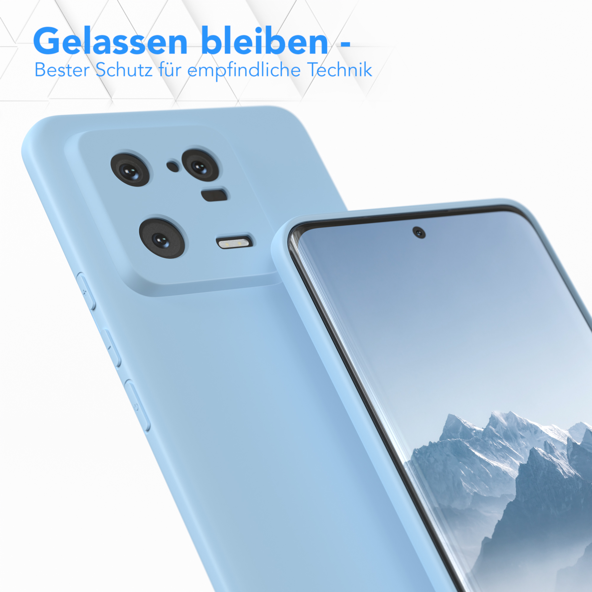 Hellblaue Handyhüllen, eine offen, zeigt einen Bildschirm. Weißer Hintergrund.
