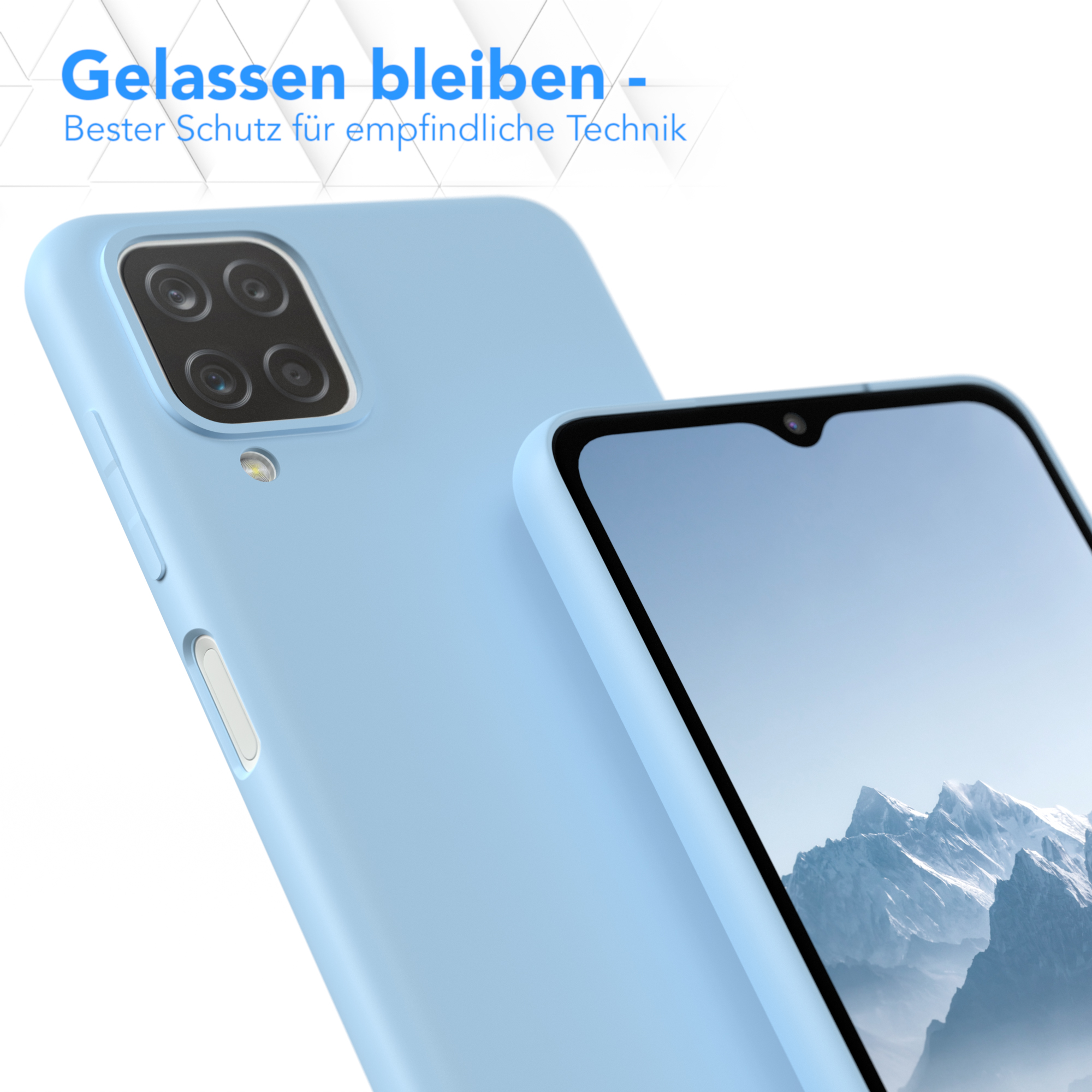 Eine blaue Handyhülle mit einem Handybild darauf, vor weißem Hintergrund. Text zeigt Schutz an.